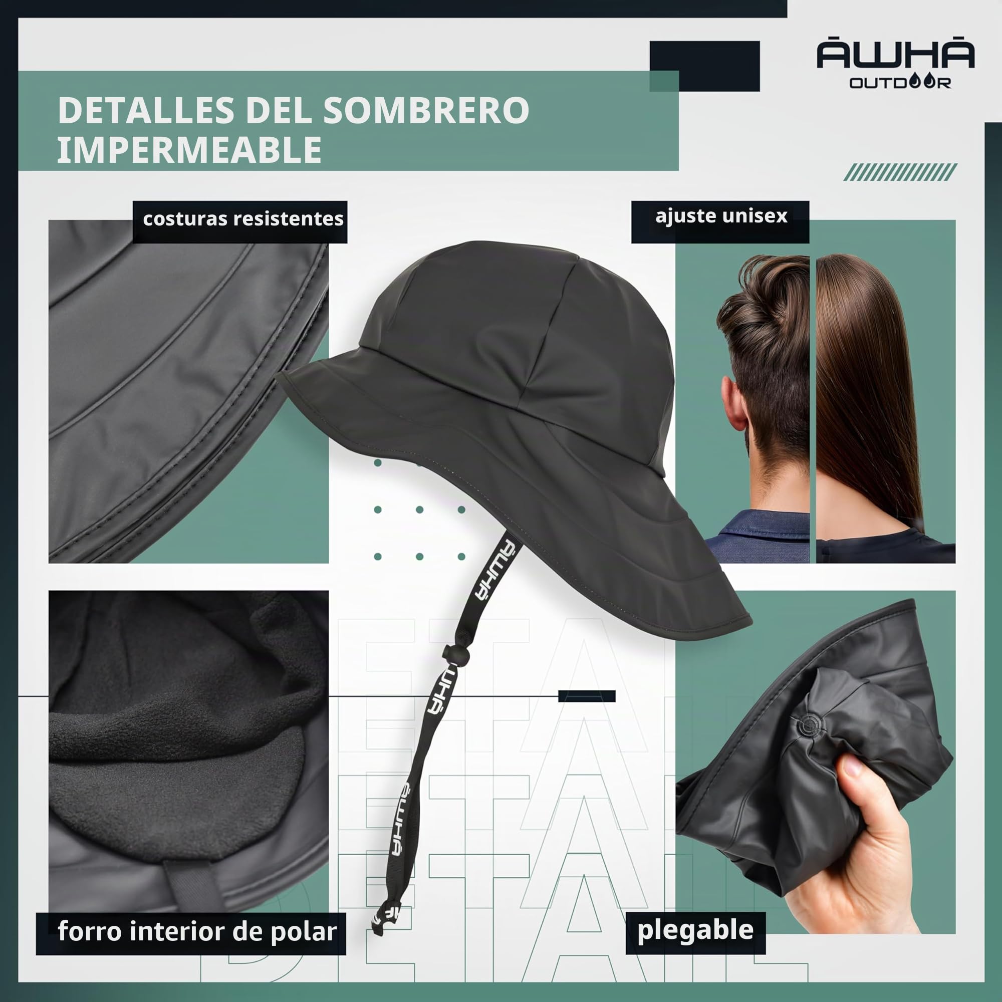 AWHA Souwester, sombrero de lluvia, gorra impermeable con ala ancha y orejeras