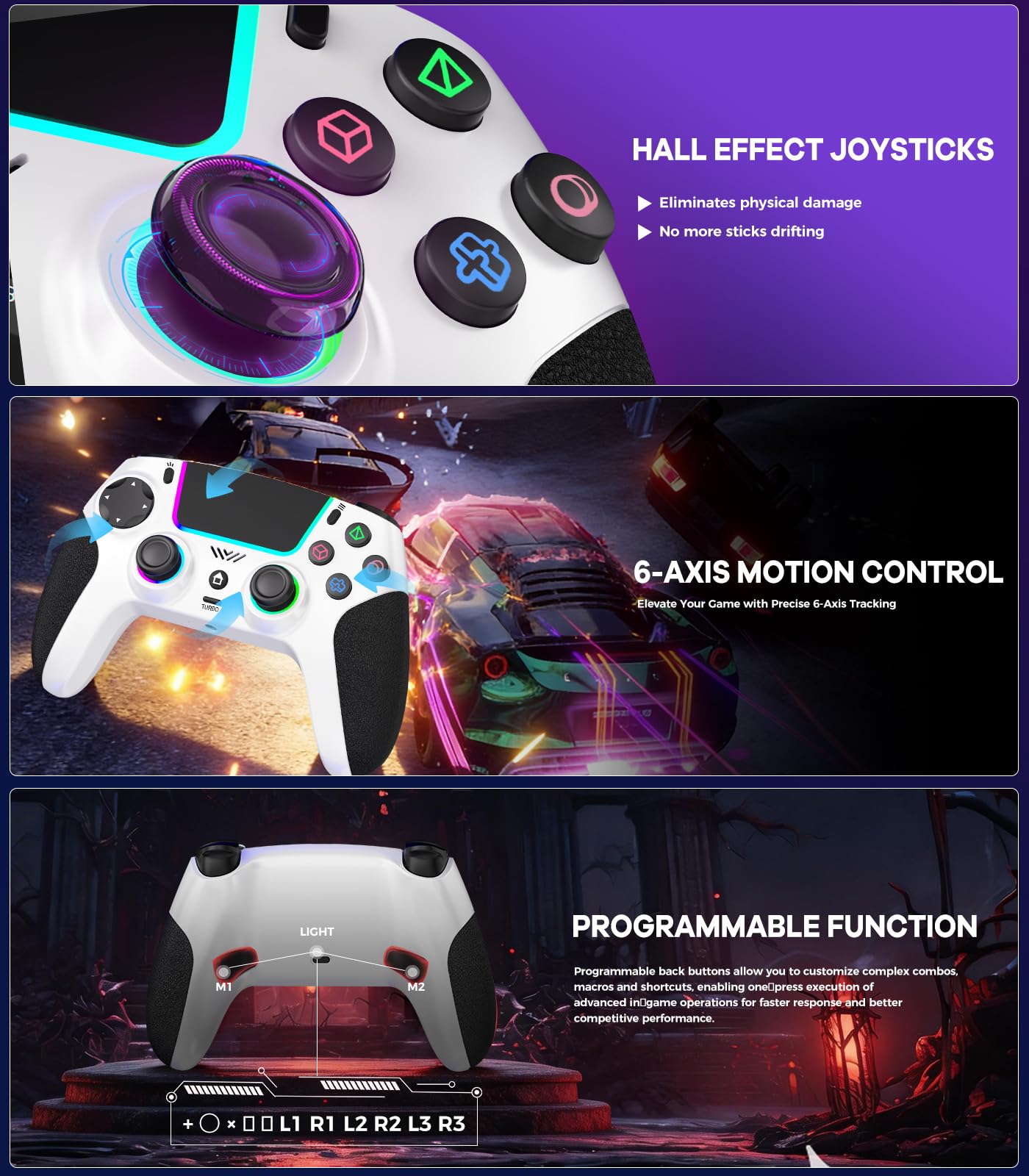 SZPACMATE Wireless Pro Controller für PS4/PS3/Switch/PC/iOS/Android/Steam Deck, mit 8 RGB Beleuchtung/Hall Effect Joystick/1000-mAh-Akku/Turbo/Doppelter Vibration/Programmierbar/Rutschfester Griff - 2