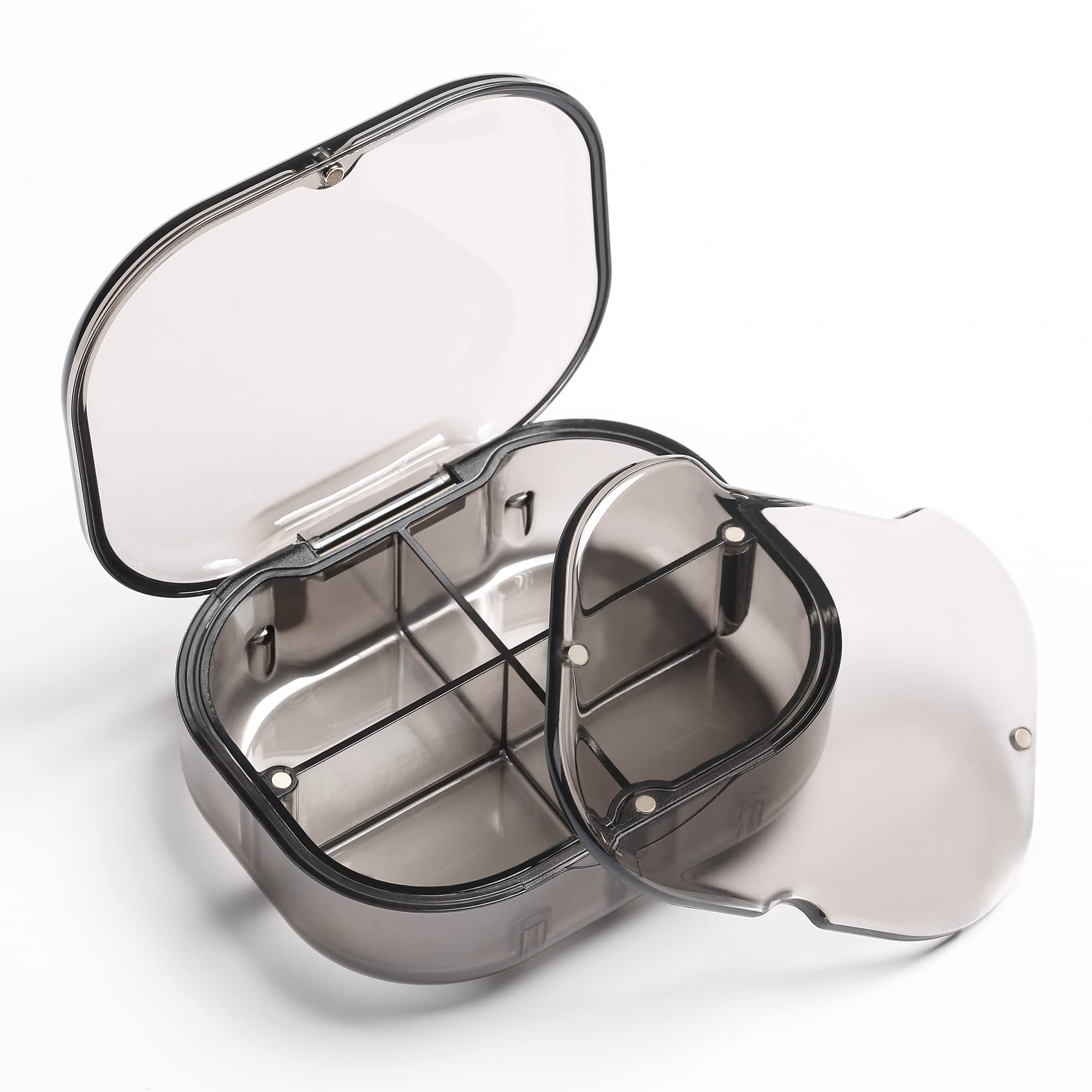 Small Pill Organizer, 4 Compartments Moisture Proof Travel Pill Box Magnetic Design Portable Mini Cute Pill Case for Purse & Pocket,Hold Vitamins,Fish Oil -Daily Pill Box Organizer(Grey)