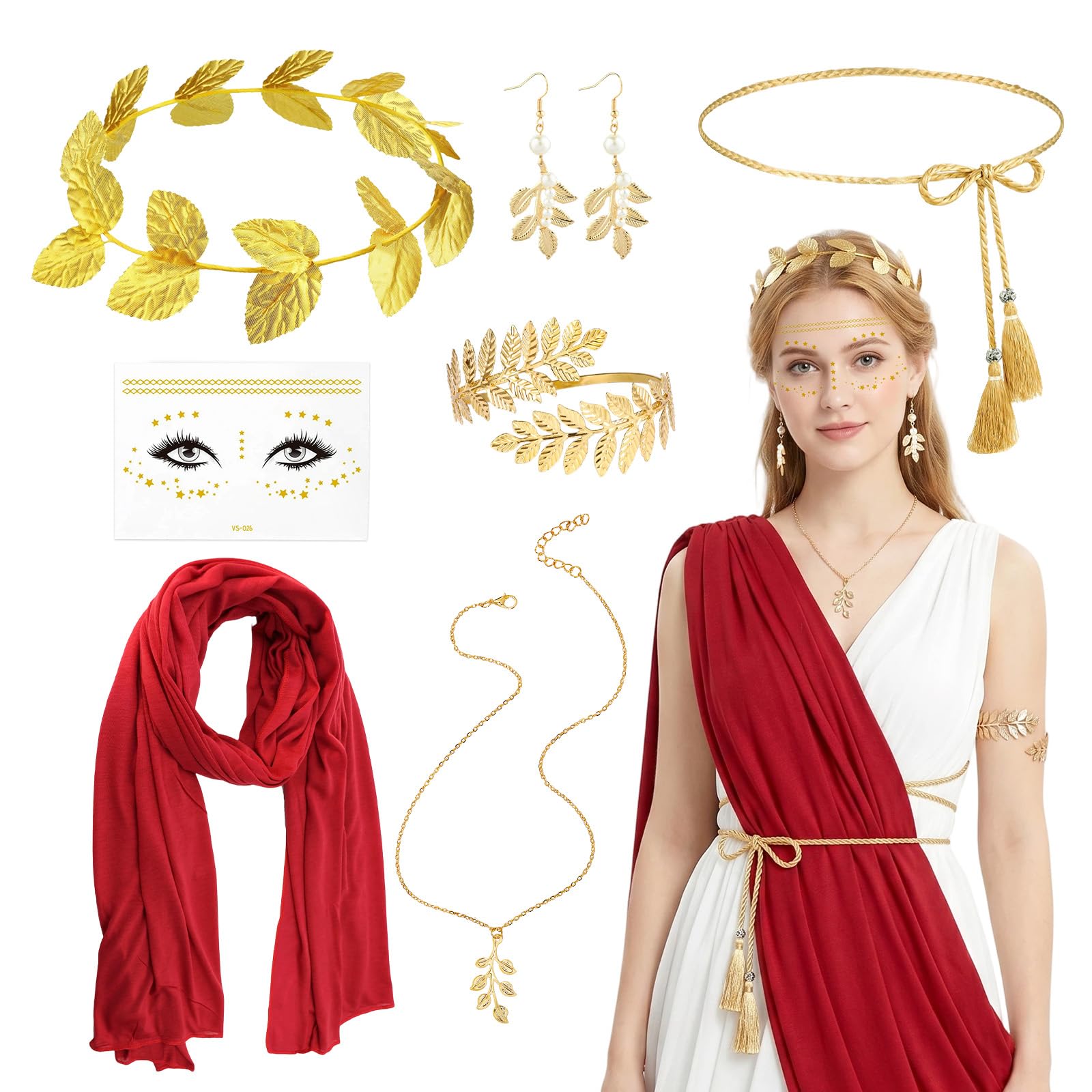 7Pcs Greek Goddess Costume Accessories Set, Ancient Roman Toga Fancy Dress with Burgundy Cape Leaf Headpiece Belt Arm Ring Necklace Earrings Face Tattoo Stickers for Women Halloween Wedding Party
