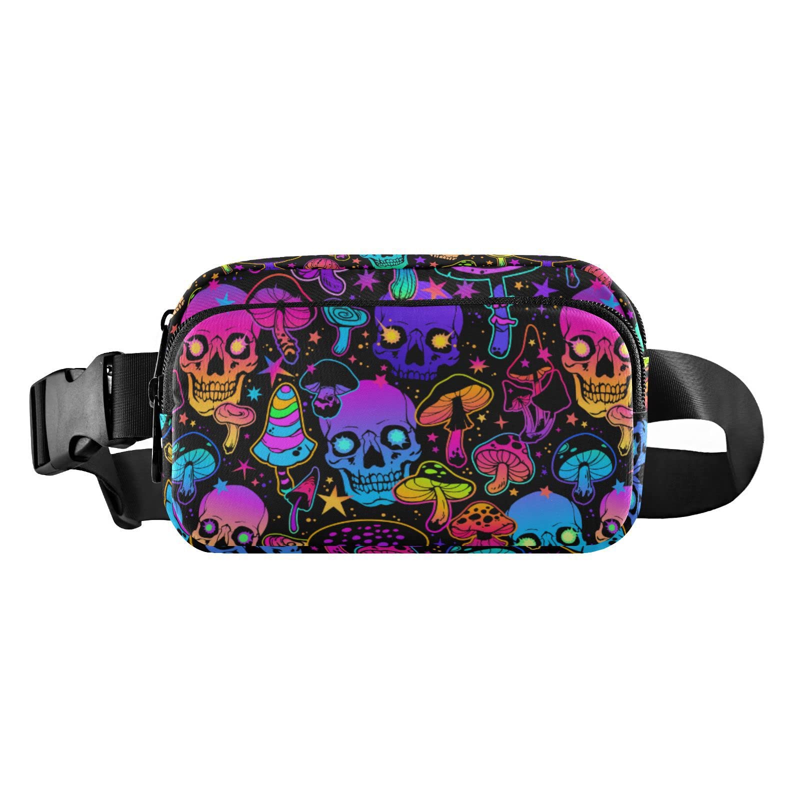 JHKKU Hiking Fanny Pack Colorful Skull Mushroom Waist Pack Fashion Casual Hip Bum Bag with Adjustable Strap for Women & Men Hands Free Crossbody Bags