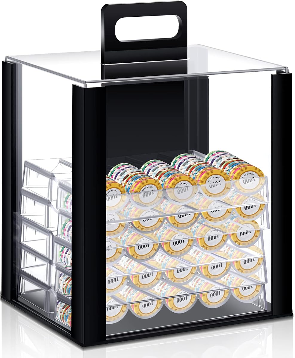 Hiboom 1 Pack Acrylic Poker Chip Case, 1000 Pcs Chips Capacity Chip Trays Set Including Carrier Acrylic Display Case and 10 Pcs Trays Racks Holder (Black)
