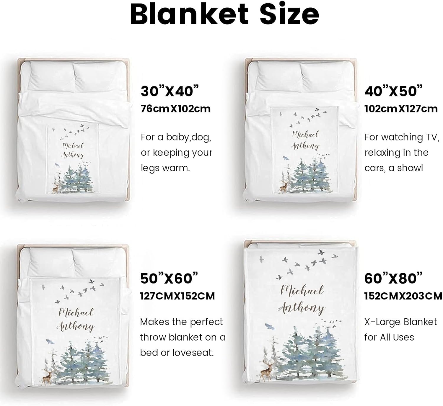 Personalized Baby Blanket with Name Custom Baby Blanket for Boy Girls Soft Throw Blanket for Baby Shower Nursery Décor Plush Fleece & Giftable - Woodland Birds Elk 60x80in