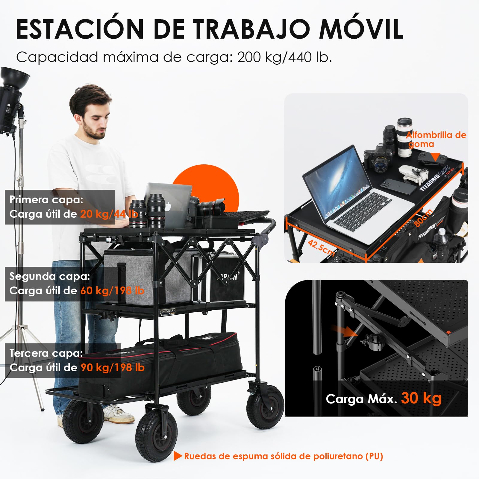 TARION Carro de Cámara para Producción de Video - Carro de Estudio Plegable con 3 Estantes y Ruedas Giratorias 360° para Creadores de Contenido Cine y TV Titanrig Cart