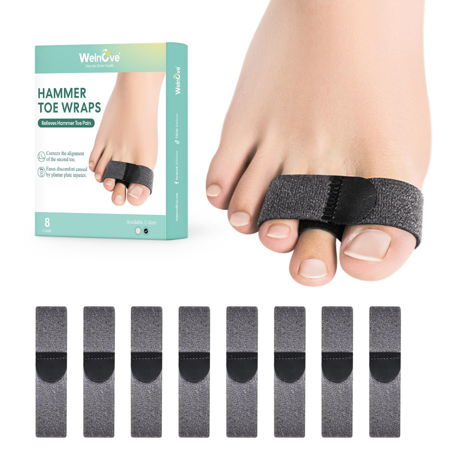 Welnove Hammer Toe Correctors for Women - 8 Packs Reusable Fabric Broken Toe Wraps, Toe Straighteners for Men, Toe Splints for Crooked, Curled, Bent Overlapping Toes- Dark Gray-image-24