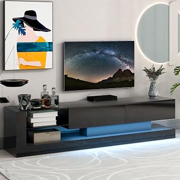 75 Inch TV Stand,Modern High Gloss TV Stand with Media Storage Cabinet Entertainment Center, 16-Color RGB LED Lights, Media Console Table with Open Shelves for Bedroom, Living Room, Black