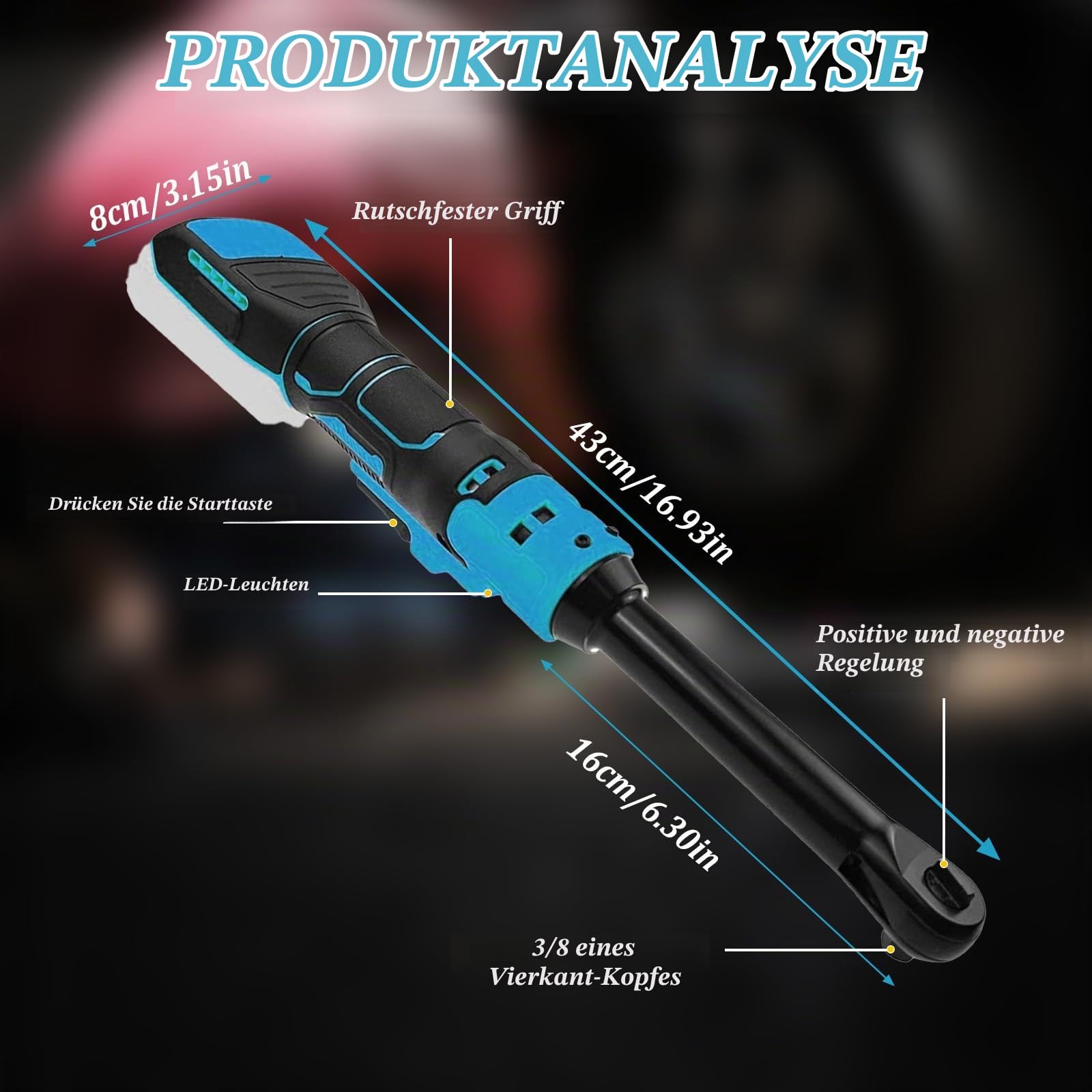 3/8" Verlängerter Akku-Ratschenschlüssel für Makita 18V Akku, 16cm verlängerter Kopf, 80N.M Elektrisch Ratschenschlüssel, Verlängertem Hals Elektrische Ratschenschlüssel Set (Ohne Batterien)