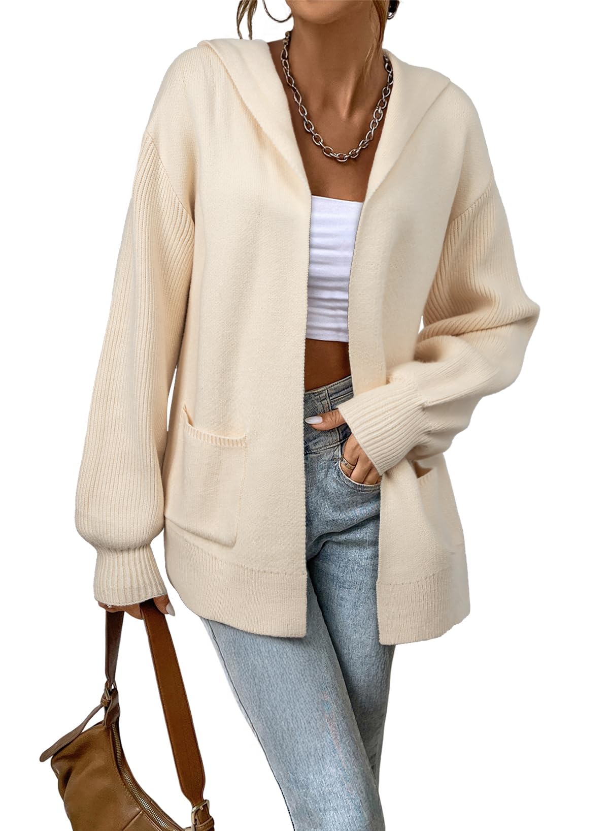 Astylish Women Hooded Cardigan Sweaters Chunky Open Front Pockets Oversized Solid Ribbed Outerwear Fall Outfits
