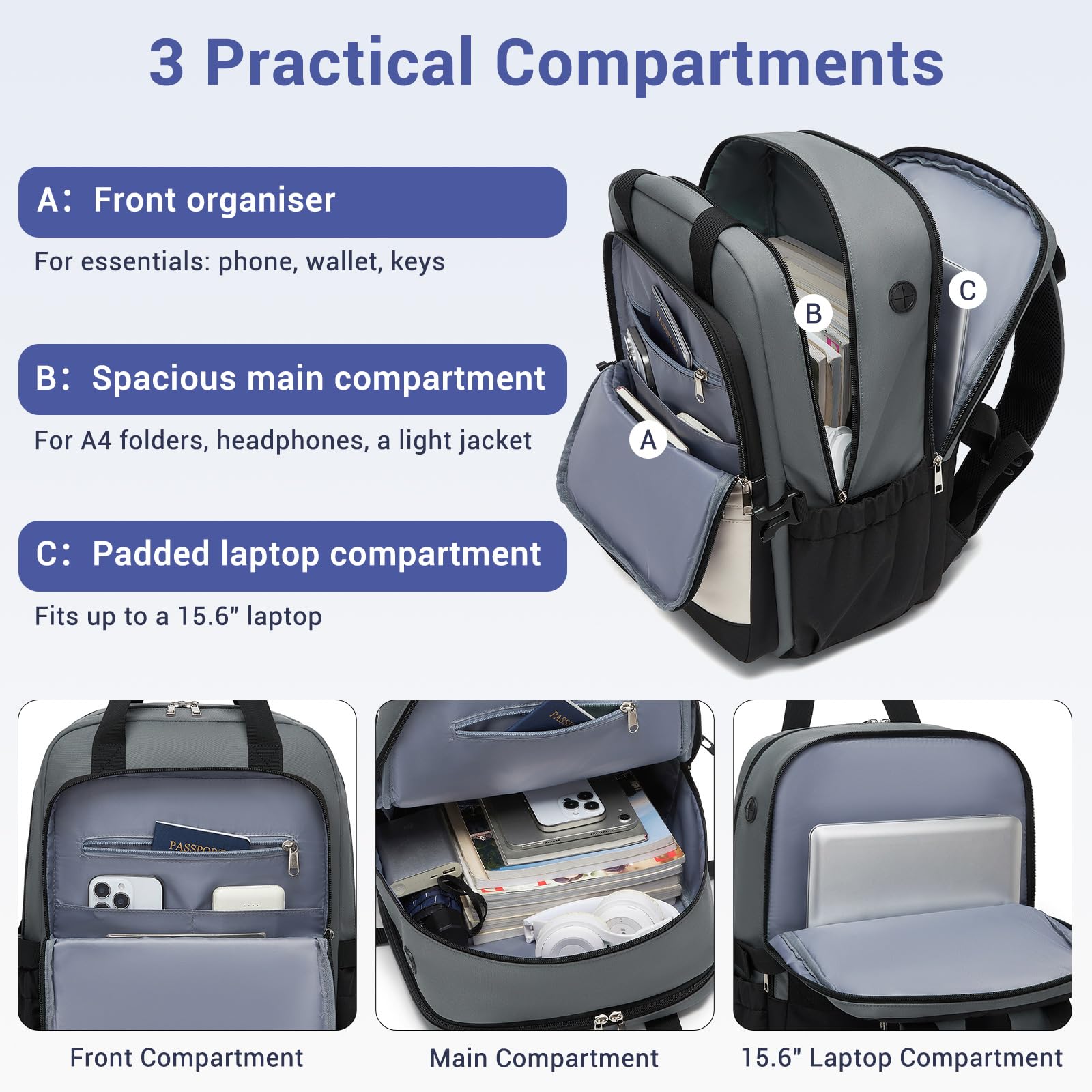 Kono Laptop Backpack Womens with Pouch Pocket for Large Capacity Cup, 15.6 Inch Laptop Bags for Women, Travel Backpack Water Resistant Large Rucksack for Work Business School College Teacher Girls - 2