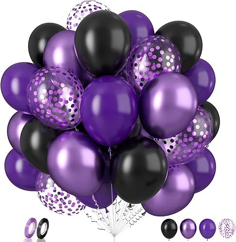 Globos morados y negros, 60 globos de cumpleaños negros y morados, globos de confeti morado metálico de 12 pulgadas, globo de látex retro morado