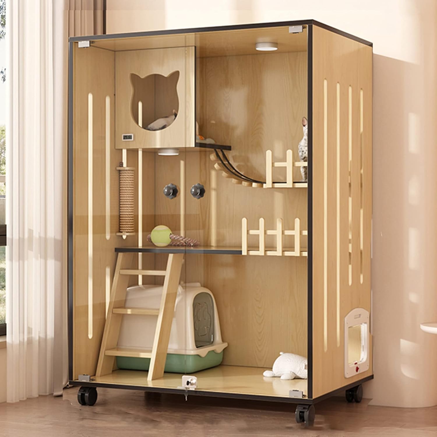 Wooden Indoor Cat Enclosure,Large Wooden Cat House for Outdoor/Indoor,Multi-Feature Enclosed Cat Cages with Escape Doors and Casters Suitable for Home Pet Shop Cat Delive,C1-120 * 90 * 60cm-A
