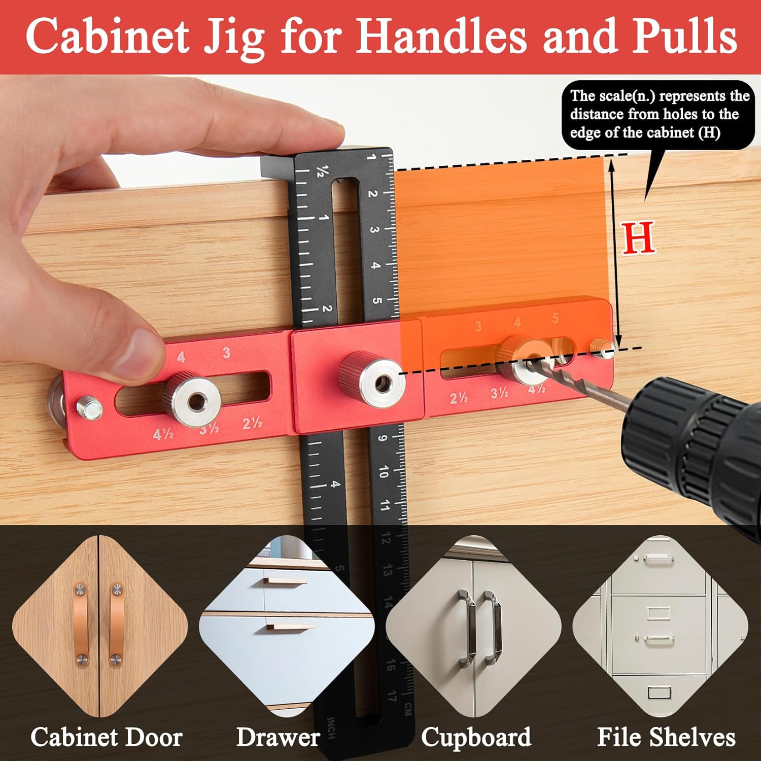 Cabinet Hardware Doweling Jig, Cabinet Tools with Alignment Hole, Punch Locator Drill Guide for Drawer Cabinet Installation, Adjustable Cabinet Handle Template for Knob, Handles and Pulls