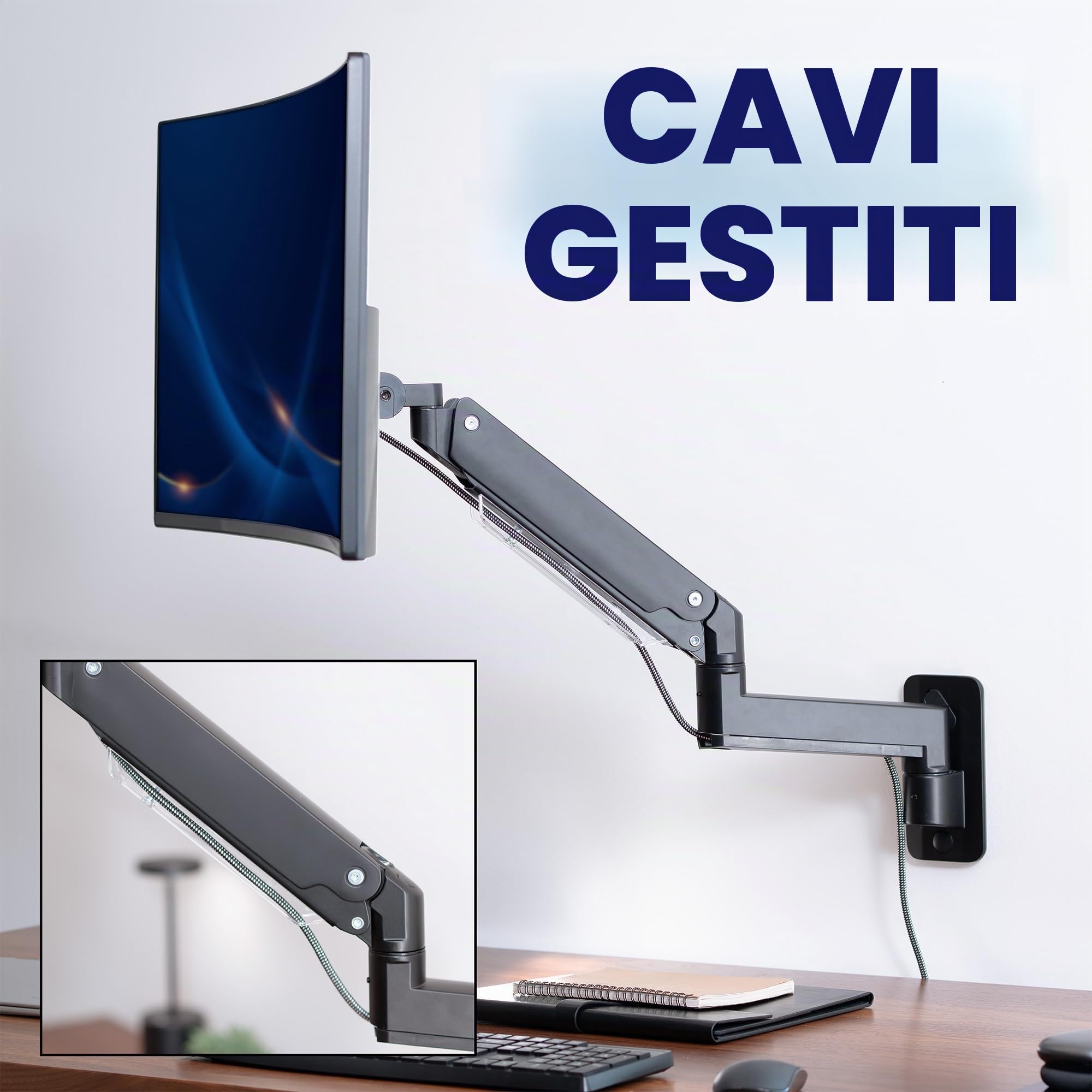 VIVO Braccio per monitor ultrawide in alluminio resistente di alta qualità per schermi fino a 49" e 20 kg, montaggio a parete singola, altezza pneumatica, max VESA 100 x 100, nero, MOUNT-V101G1