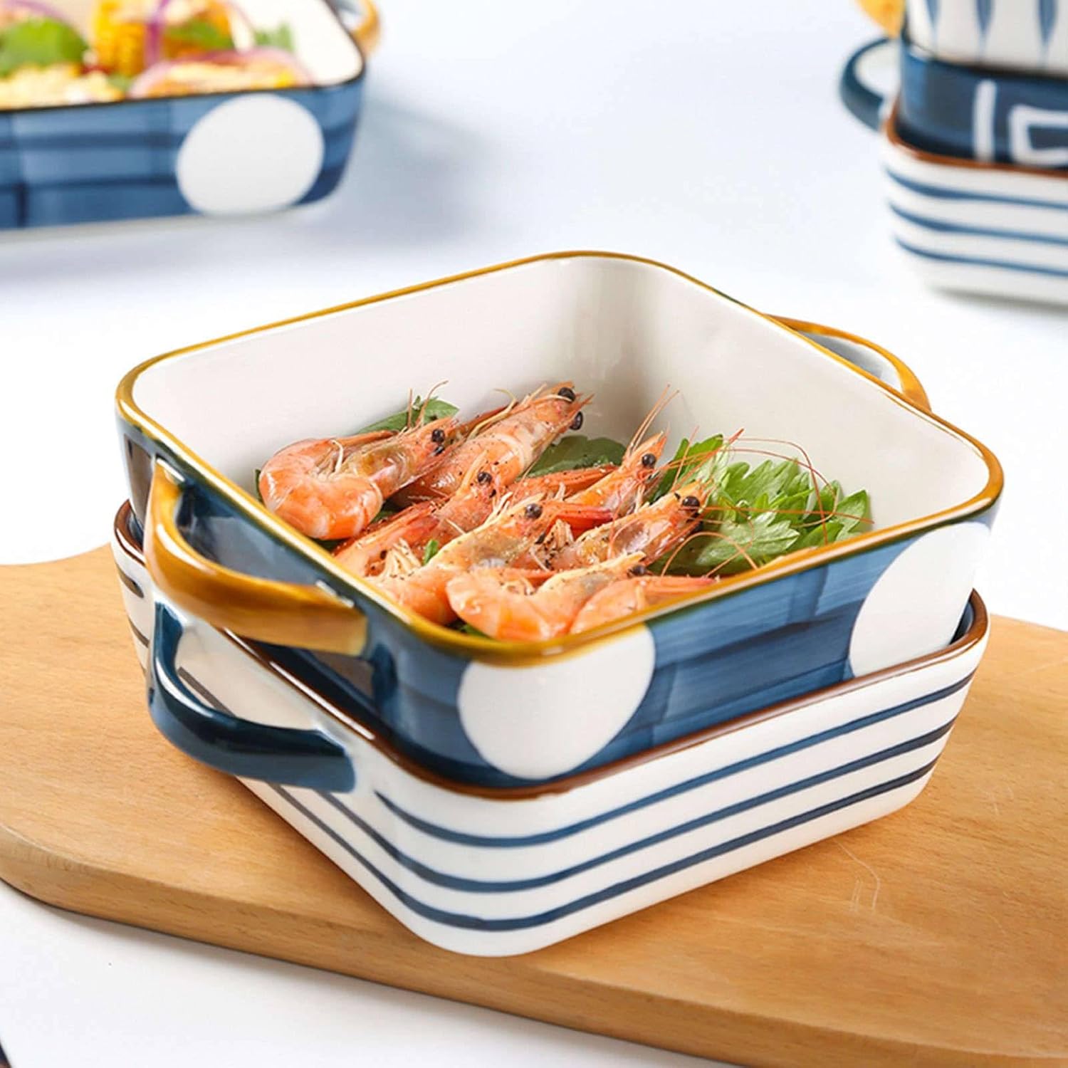 Rectangular Lasagne Pan with Handle, Small Ceramic Bakeware Pan for 1 Person, Porcelain Baking Dish Oven Proof(Blue a)