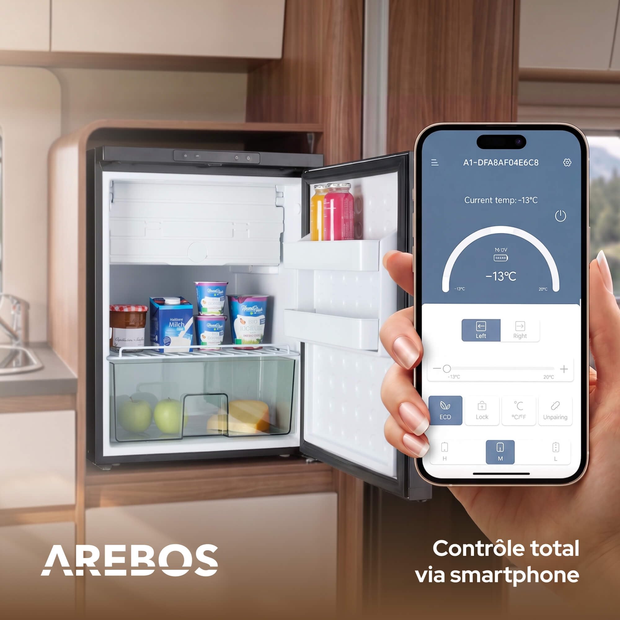 AREBOS Réfrigérateur à Compresseur pour Camping-Car 65 L avec Compartiment Congélateur | Contrôle via APP | 12V/24V | Jusqu'à -20°C | Porte Réversible | Réfrigérateur pour Camping-Car, Van & Camion