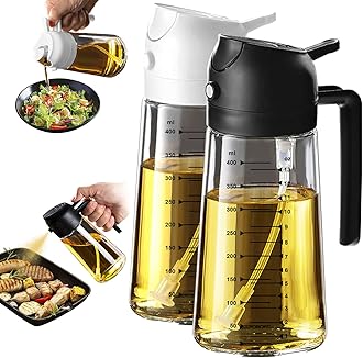 16oz/470ml Glass Olive Oil Sprayer for Cooking – 2 in 1 Olive Oil Dispenser Bottle for Kitchen Gadgets and Air Fryer Accessories, Salad, BBQ - Black & White