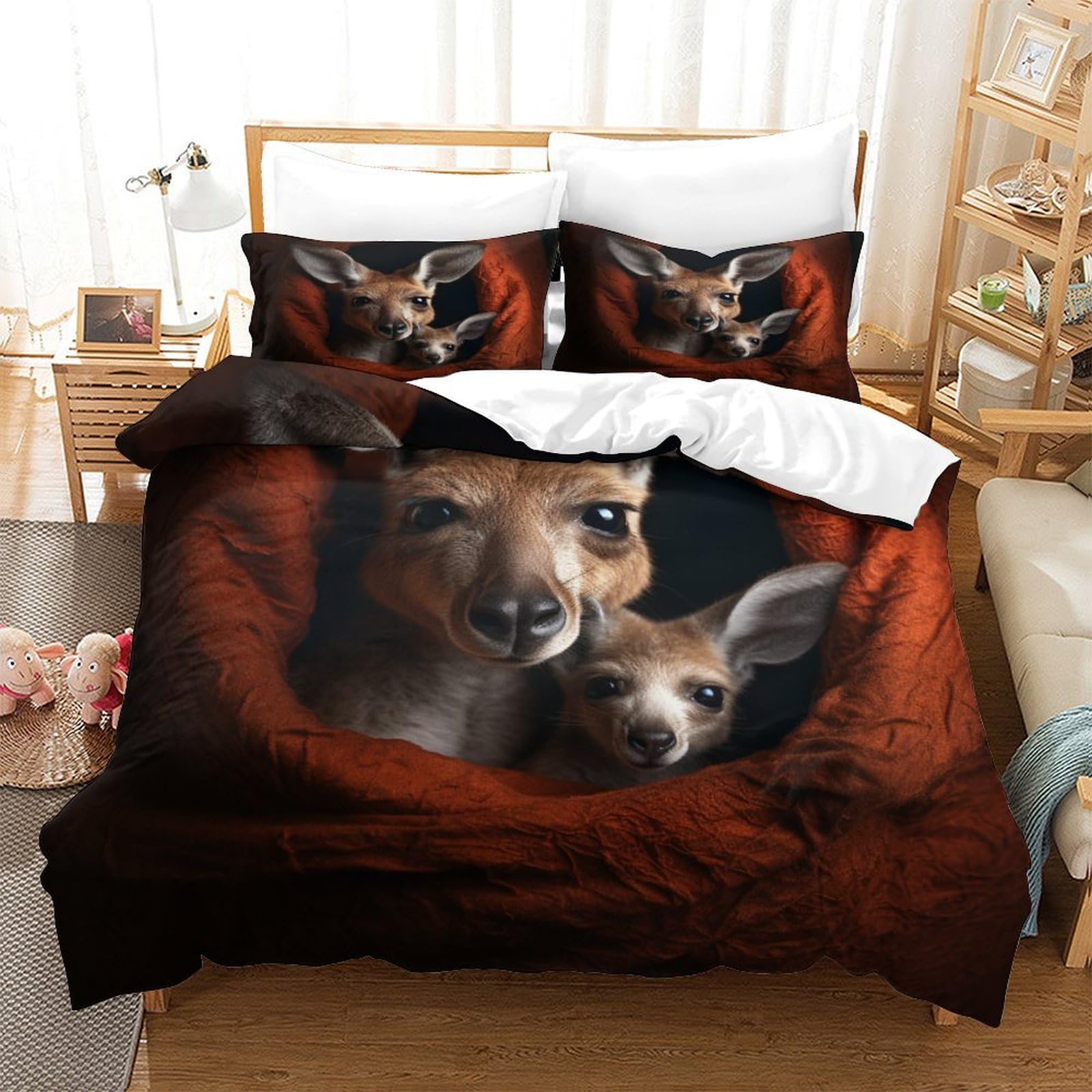 P1S9U7W5Y 3D Printed Kangaroo Design Microfiber 3 Piece Duvet Cover Set for Adults and Teens, Bedroom Décor Kangaroo Bedding Set, Soft Breathable All Season Double（200x200cm）