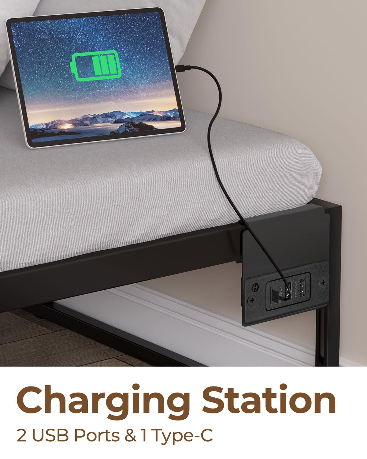 Rolanstar Bed Frame with USB Charging Station, Twin Bed Frame with LED