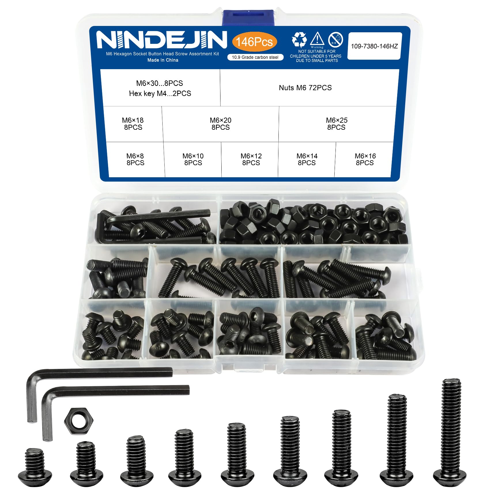 NINDEJIN M6 Button Head Socket Cap Bolts Screws, Metric M6 x 8/10/12/14/16/18/20/25/30mm Screws Bolts Nuts Assortment Kit, 146Pcs Allen Hex Drive,