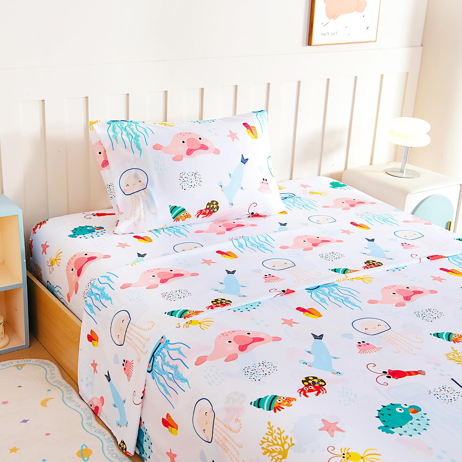 Queen Sheet Set Kids - Ocean Shrimp Crab Fish 4 Pieces Soft Microfiber Cartoon Style Bedsheets for Boys Girls Teens, Oeko TEX Breathable 15 Inch Deep Pocket Sheets(Marine Animals)