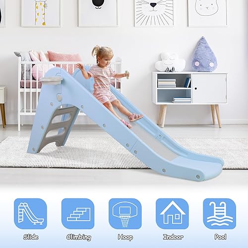Miniatura 7 de MAMIZO Juego de tobogán 3 en 1 para niños pequeños a partir de 3 años, parque infantil interior y exterior con aro de baloncesto y pelota, juego