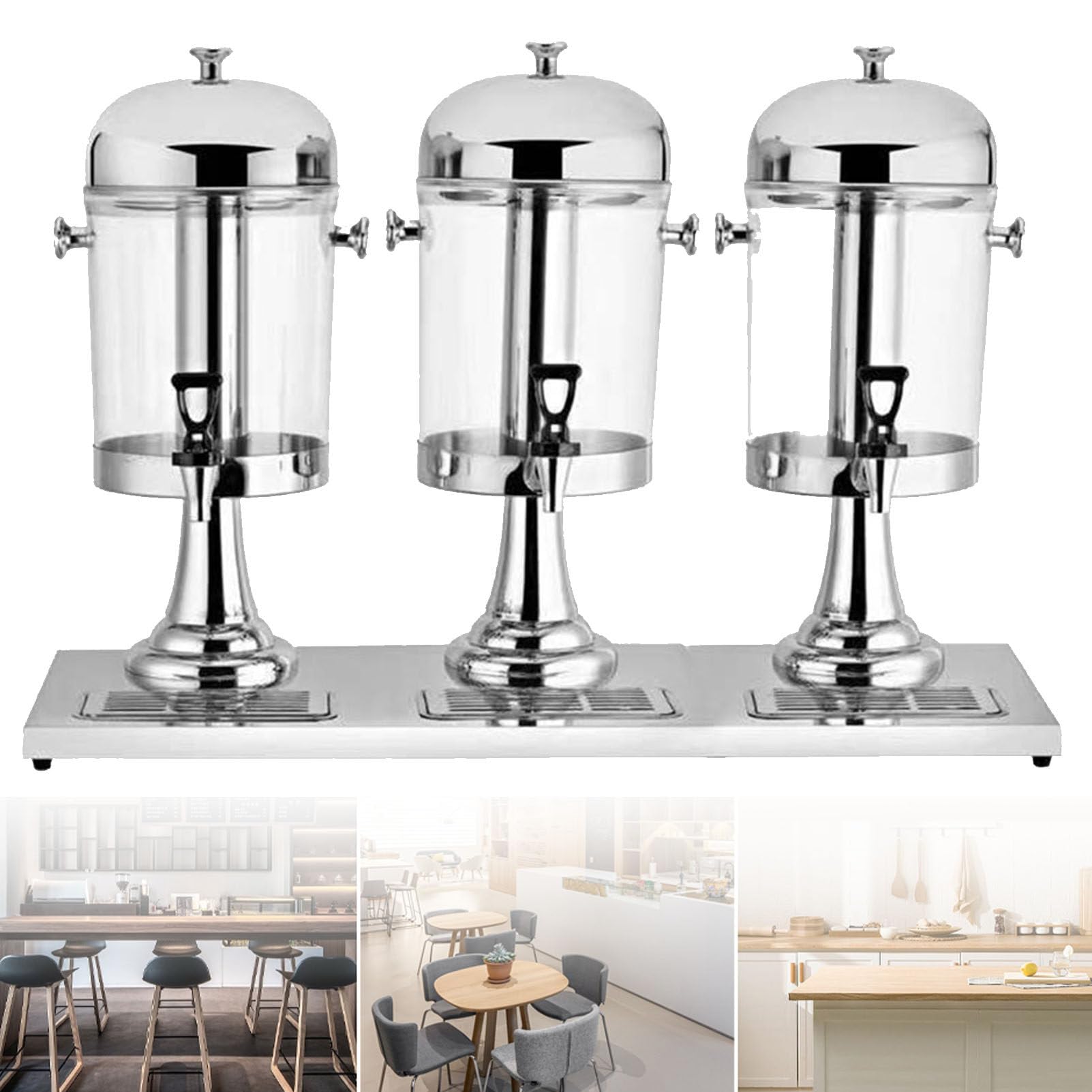 24 litros Dispensador de bebidas calientes frías, dispensador comercial de bebidas transparentes de servicio pesado de tres cabezas, para bares de desayuno buffet de desayuno, con tapa y toque ,Silver