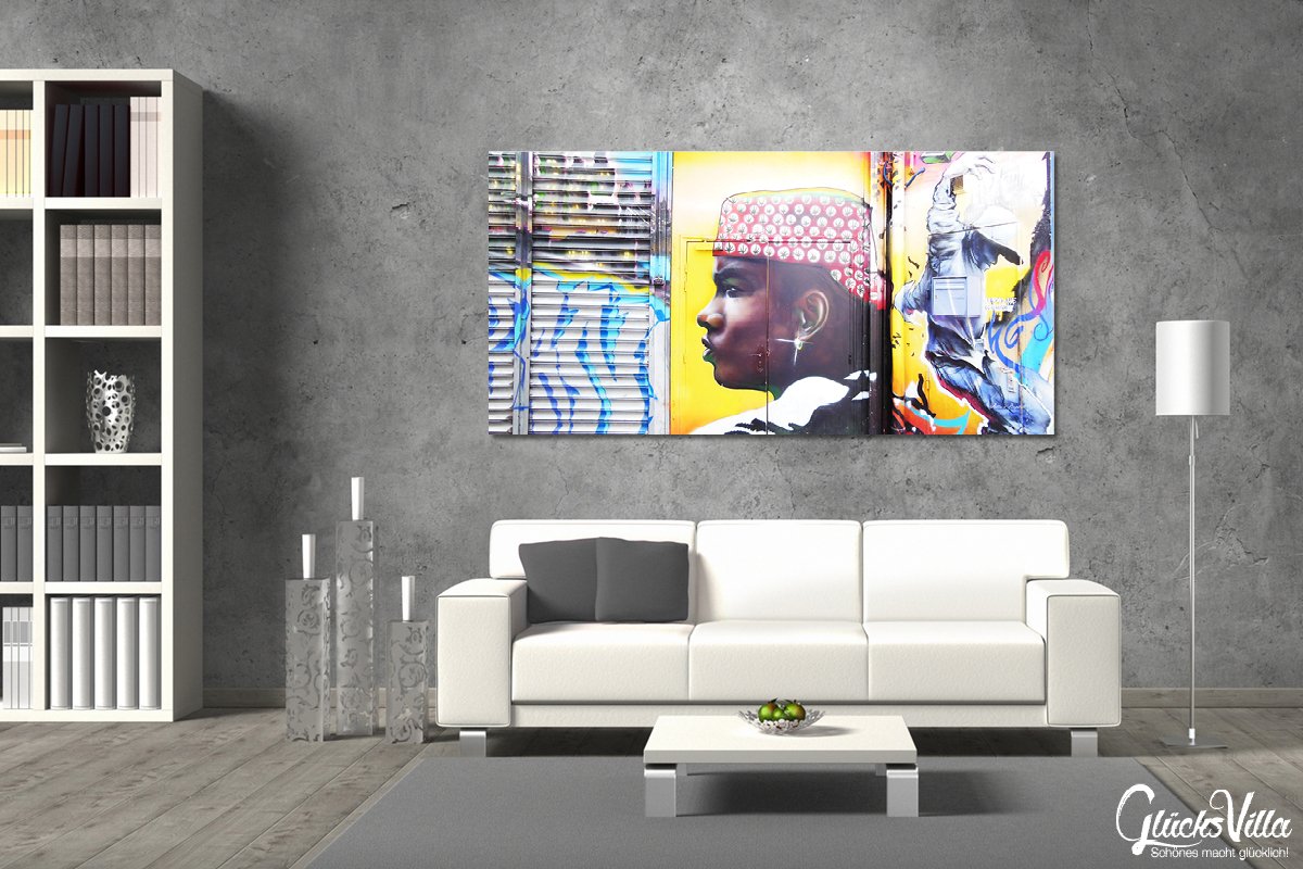 Glücksvilla - Graffiti 1 (Leinwand-Bild 2 cm, 160 x 80 cm) | div. Maße - aus DE - Kunstdruck Deko Wandbild quer - Paris Gemälde sprayen Kunst Mann Airbrush