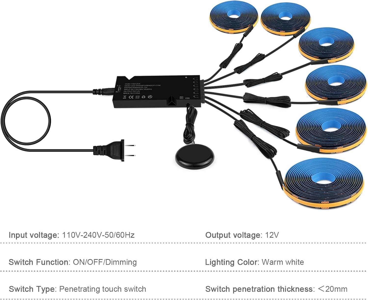 AIMENGTE COB LED Strip 2m, 6 Rollen 12V Warmweiß Akustikpaneele Schneidbar COB LED Streifen, with Berühren und Hand Sweep Dimmer Schalten, für Weinschränke, Regale, Schränke