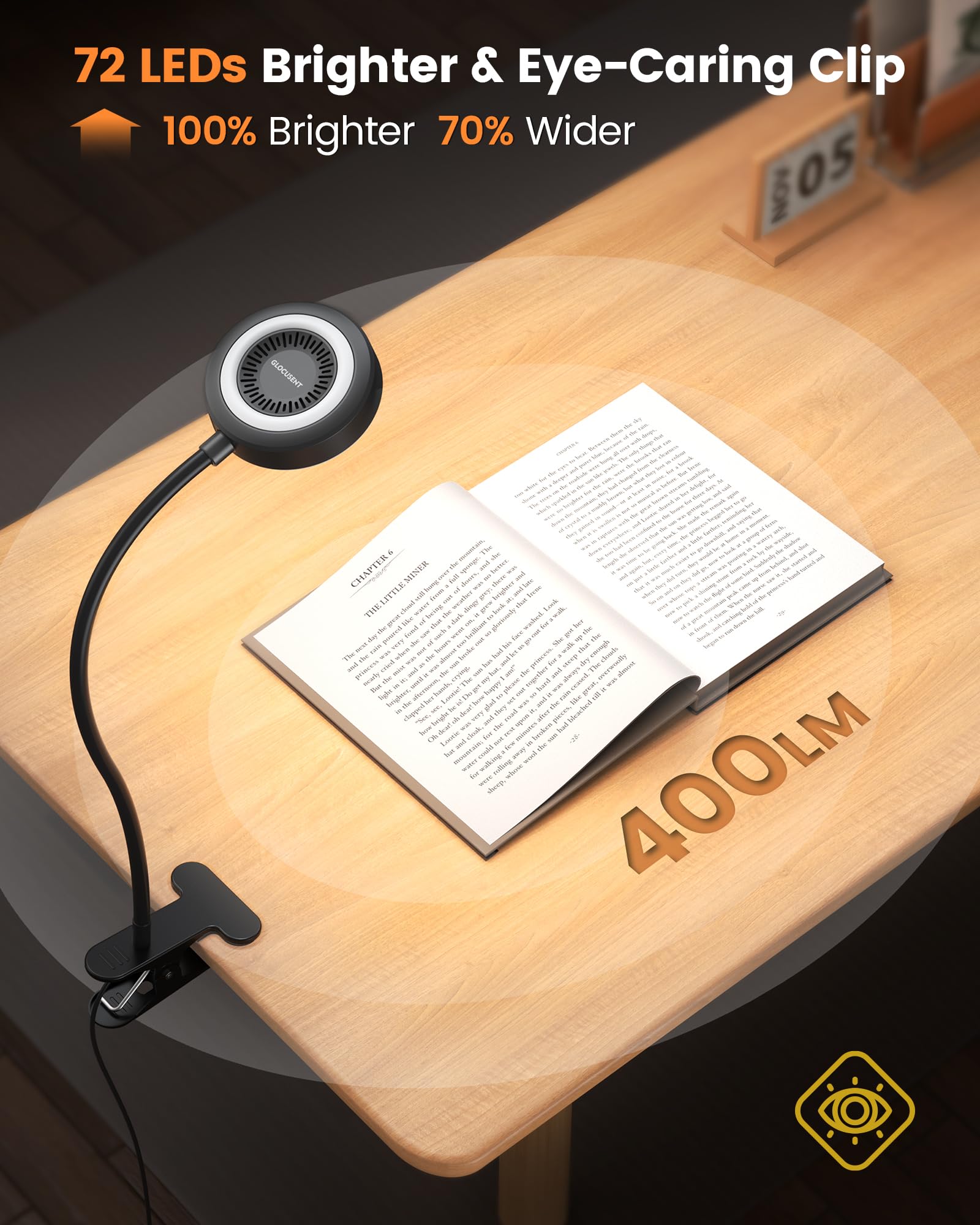 Glocusent Lampe de Bureau à Pince, 72 LED Lampe Lecture, 360° Flexible Lampe Pince pour Lit, 3 Luminosités & 5 Couleurs, Protection des Yeux, pour Maison/Bureau (Noir avec Adaptateur et Télécommande)