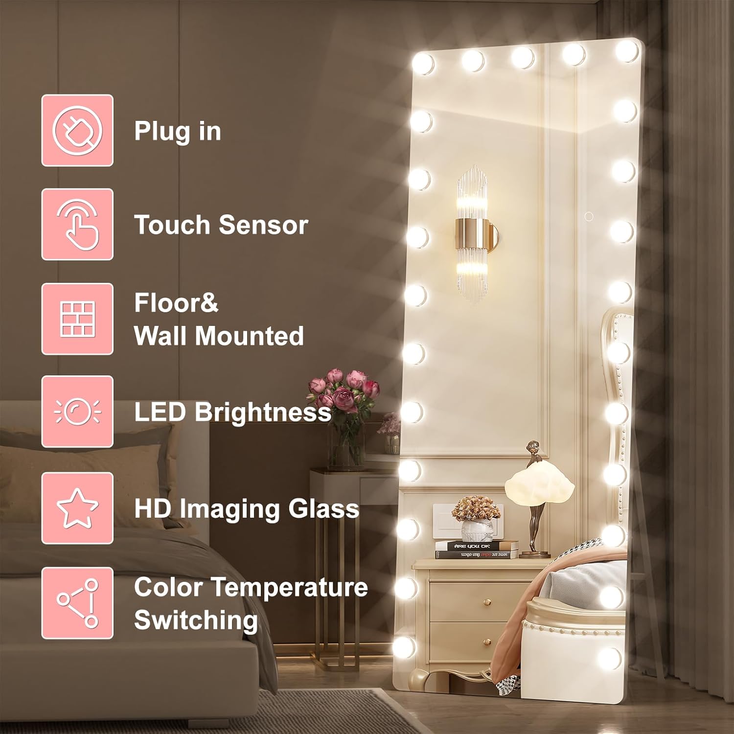 Hasipu 67" x 24" Hollywood LED Mirror, Tempered Glass with Stand & Wall Mount, Dimming & 3 Color Modes - UL Listed - White