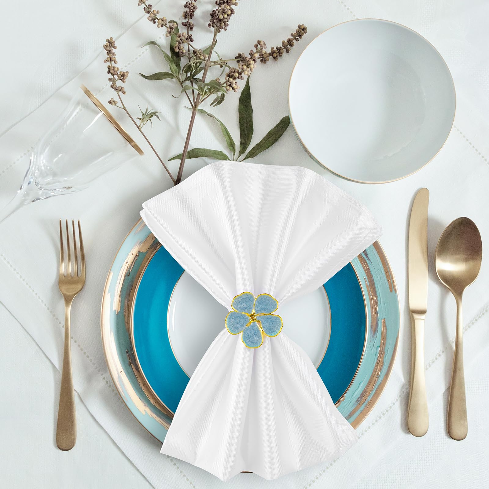 Flower Napkin Rings Set of 8, Gold Fastening Ring, Bulk, Spring Party Banquet Rustic Dinner Table Decor, Metal Material?Blue?