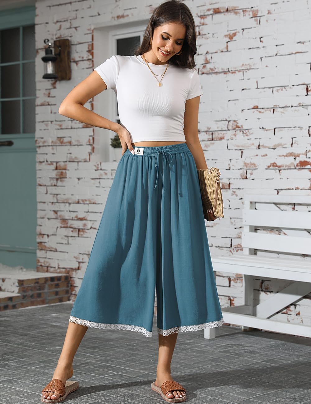 TARSE Women's Linen Culottes Wide Leg Flowy Capri Pants Palazzo Casual Drawstring Summer Loose Lace Capris with Pockets - Image 4