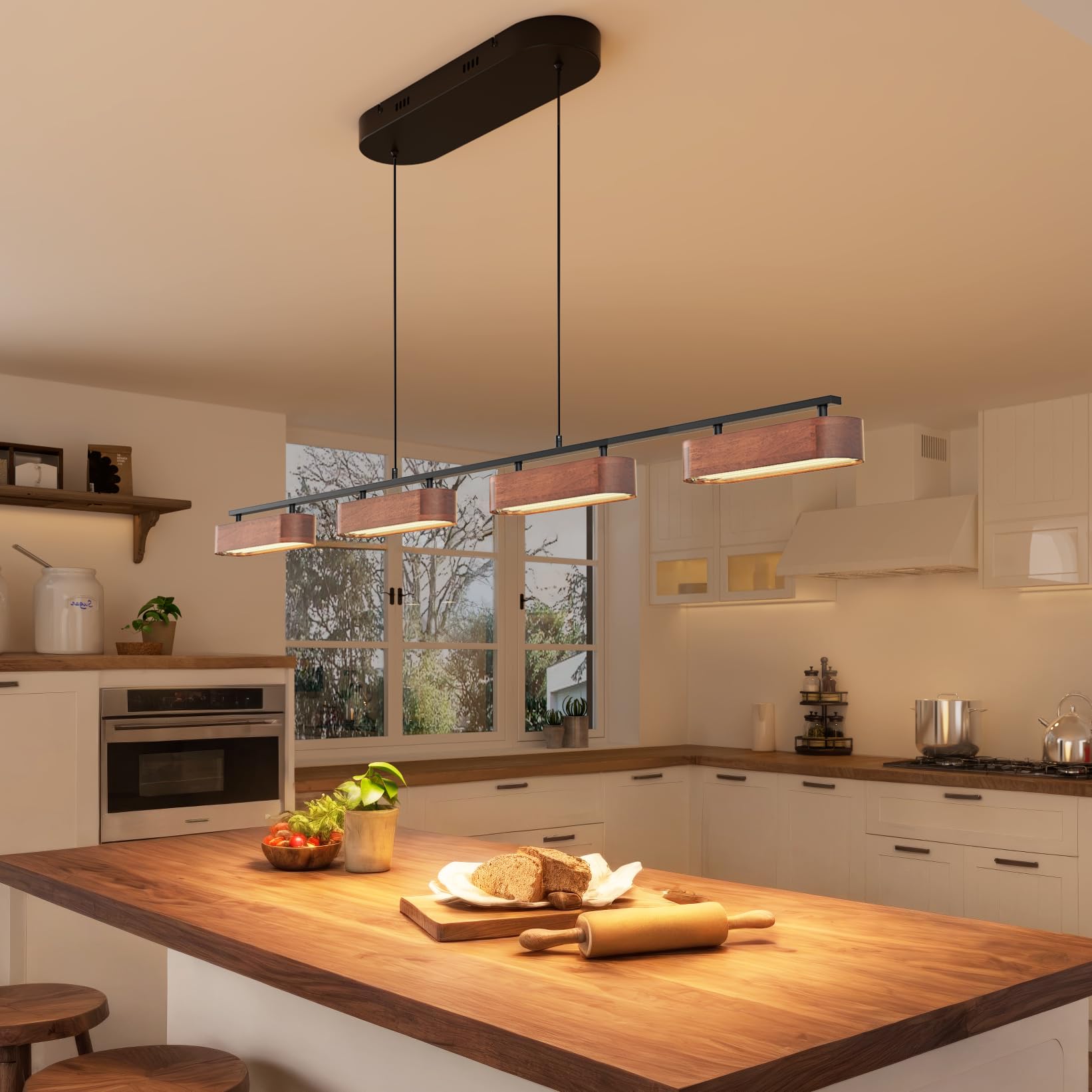 Photo 1 of Glimchase 50.2" Kitchen Island Lights, 38W Wood Dining Room Light Fixtures Over Table, Dimmable Linear Pendant Lights for Kitchen Island, 4-Light Rustic Hanging Farmhouse Chandeliers, Walnut Color