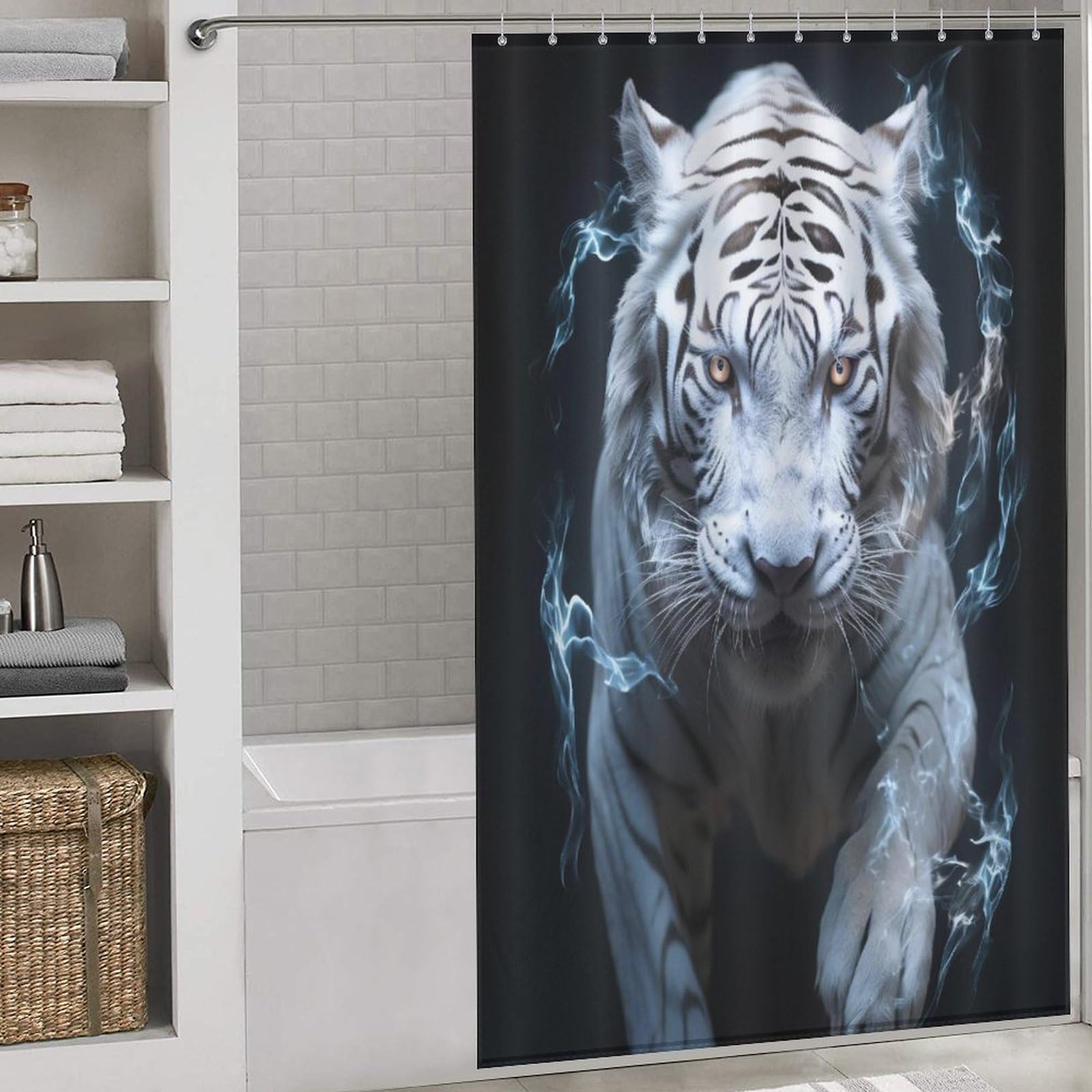Rideau de douche tigre en polyester imperméable 140x183cm pour baignoire d'angle
