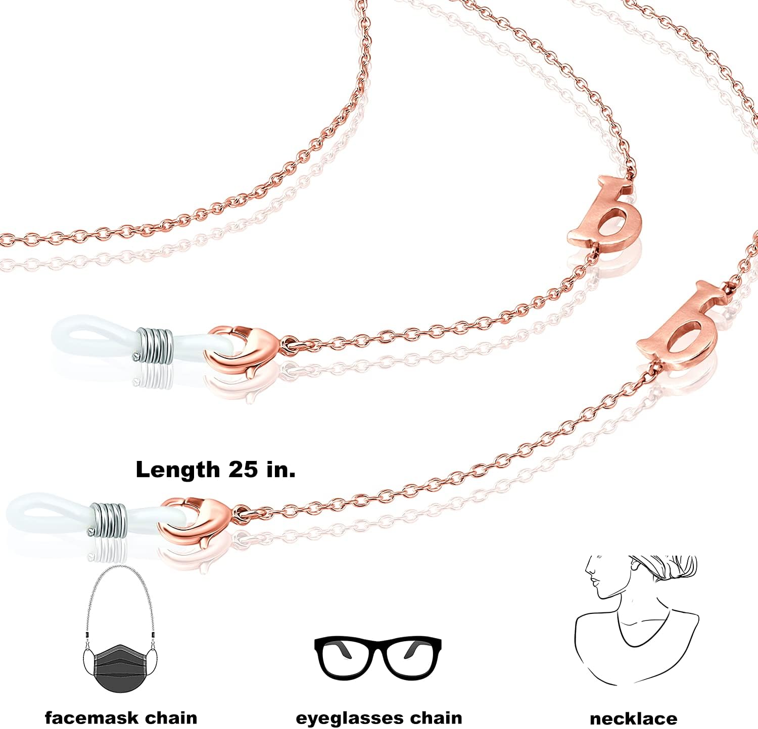 SEA OF ICE Initial Alphabet Letters Mask Lanyard Chain Necklace Holder and Hanging Eyeglass Chain.
