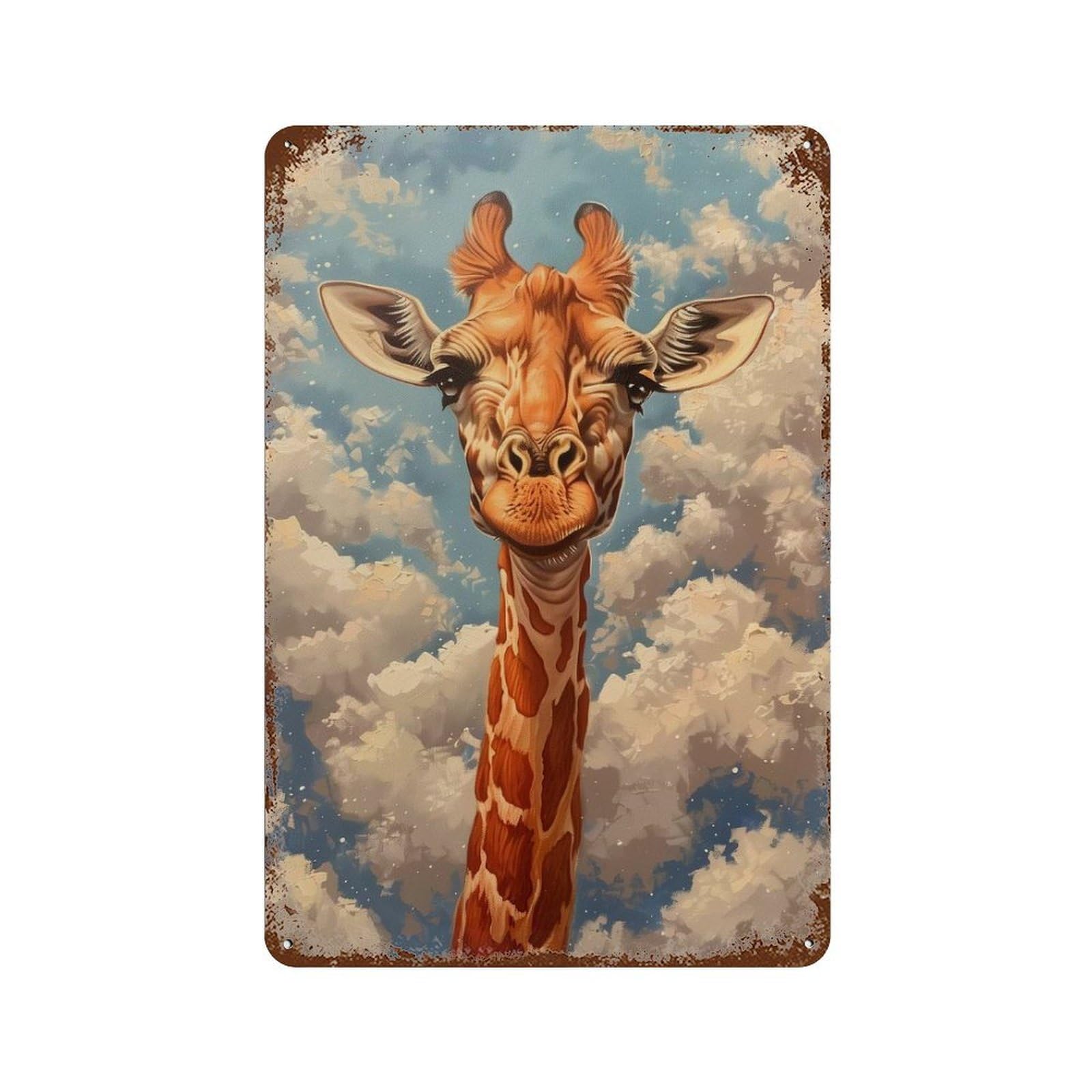 Giraffe Portrait Clouds 11.8"x7.9" Distressed Metal Wall Sign, Shabby Chic Decor for Office, Studio And Wall Decor