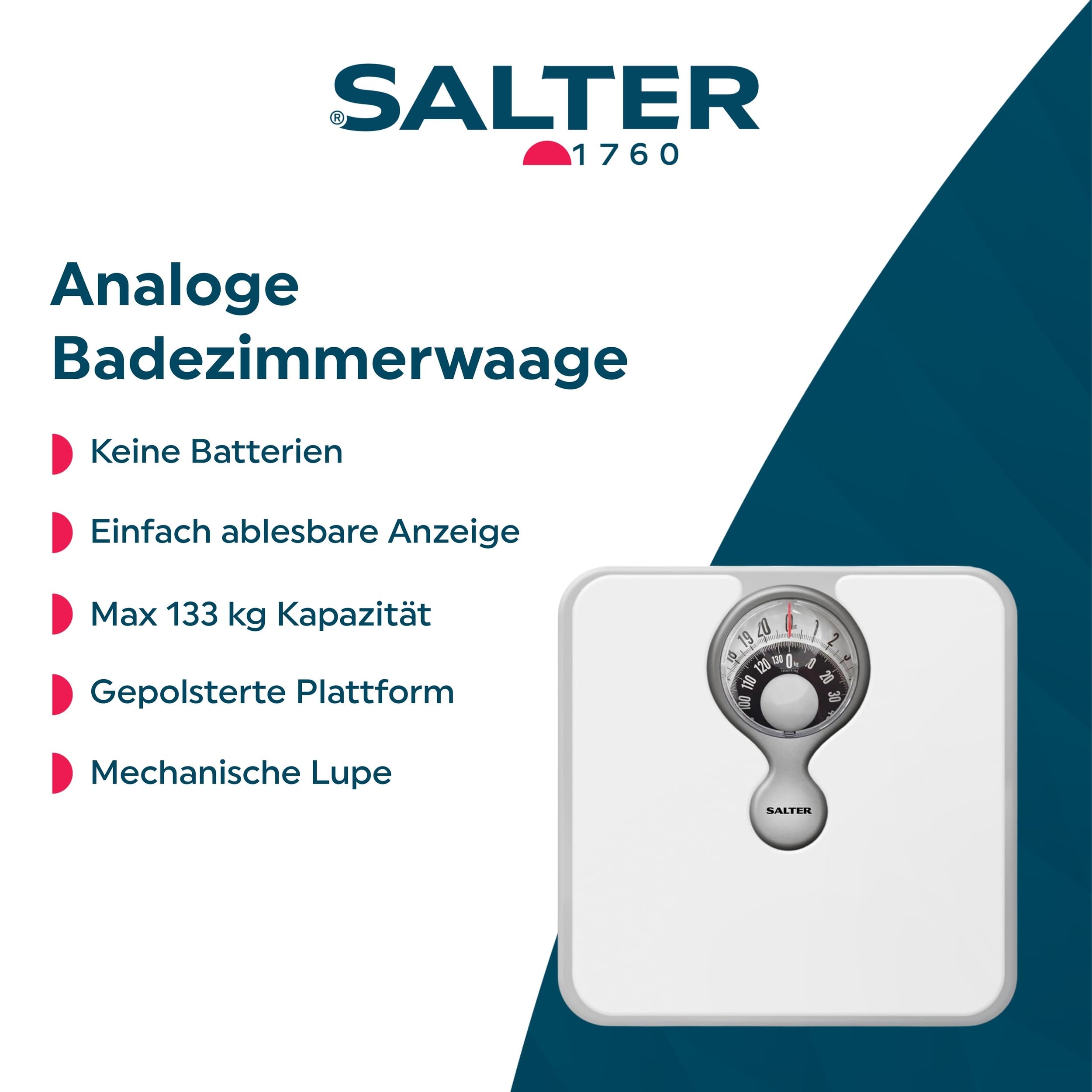 Salter 484 WHKR Personenwaage mechanisch - Analoge Körperwaage, Badezimmerwaage, max 133kg, einfach ablesbare Anzeige, keine Batterien Waage, Gewicht in kg, weiß