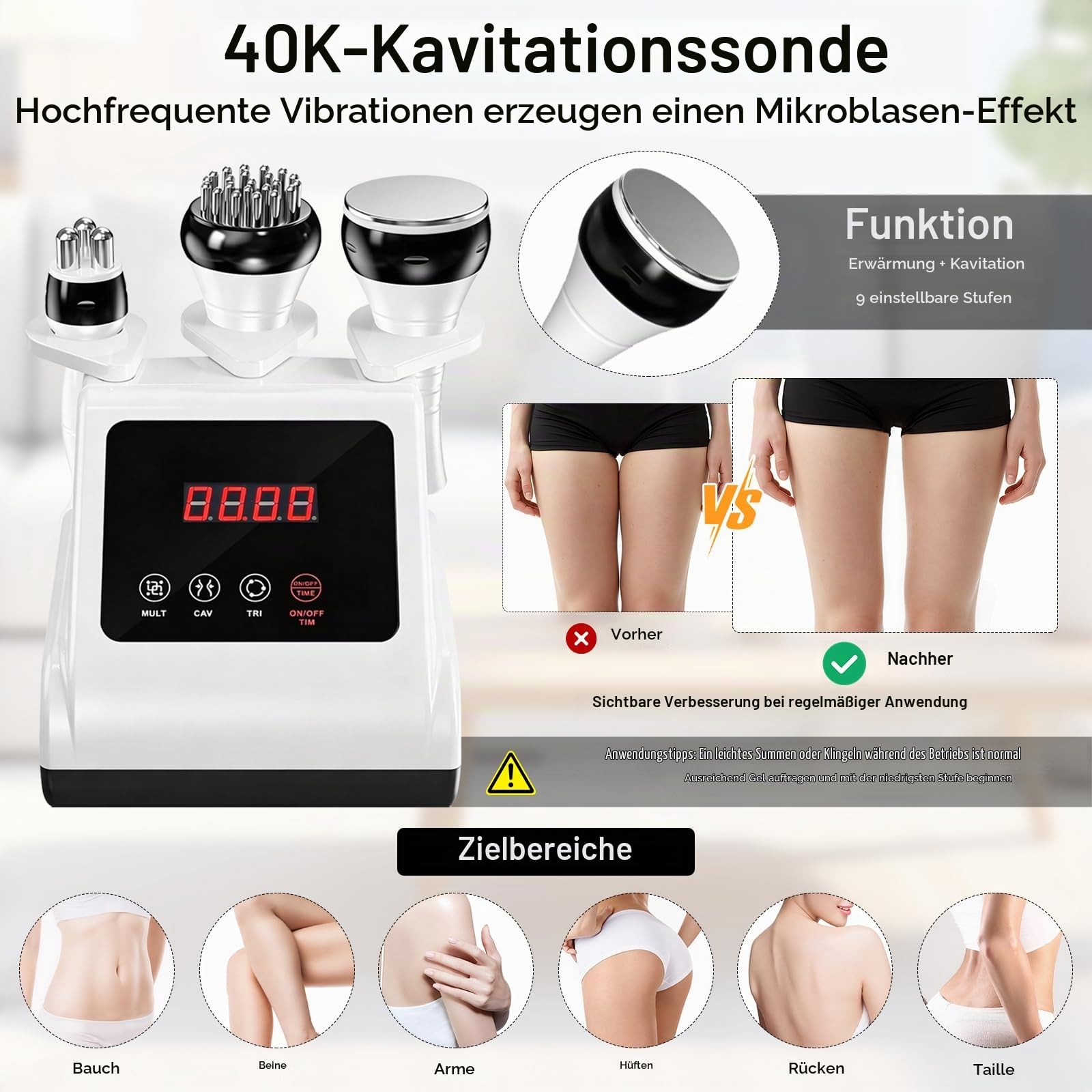 3-in-1 Radiofrequenz-Gerät für Gesicht und Körper, Kavitation 40 kHz, RF, EMS, Rotlicht & Wärmefunktion,9 Intensitätsstufen,zur Hautstraffung und Körperformung