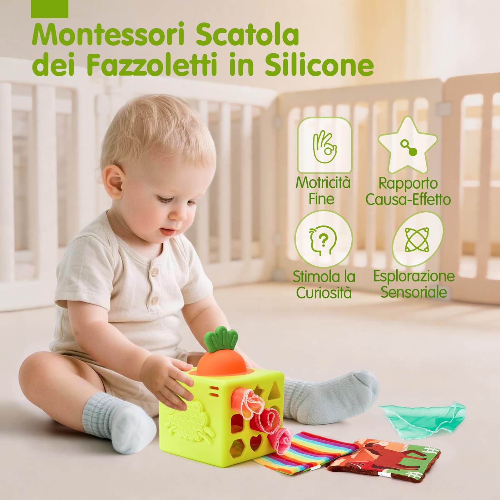 hahaland Giochi Neonato 6 Mesi, Scatola di Fazzoletti in Silicone Sensoriali Neonati Montessori, 6-in-1 Cubo attività con Trame e Specchio, Regalo Educativo Bimbo Bimba 6-12 Mesi
