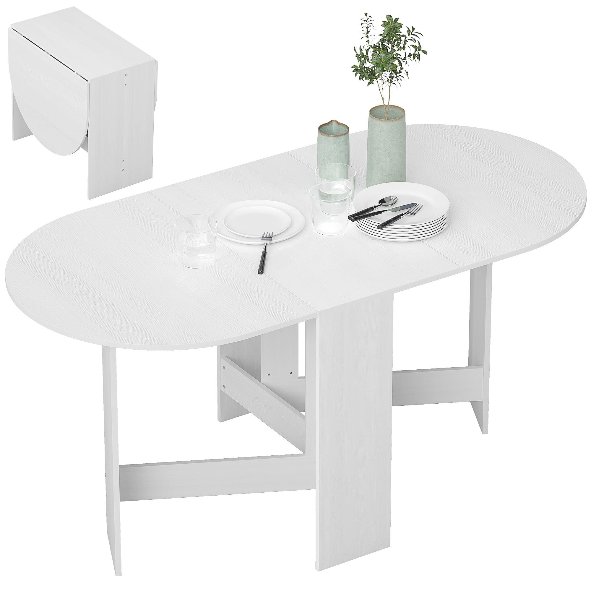 HOMCOM Folding Dining Table, Drop Leaf Table for Small Spaces, Oval Tabletop for Dining Room, Ash Wood-Effect
