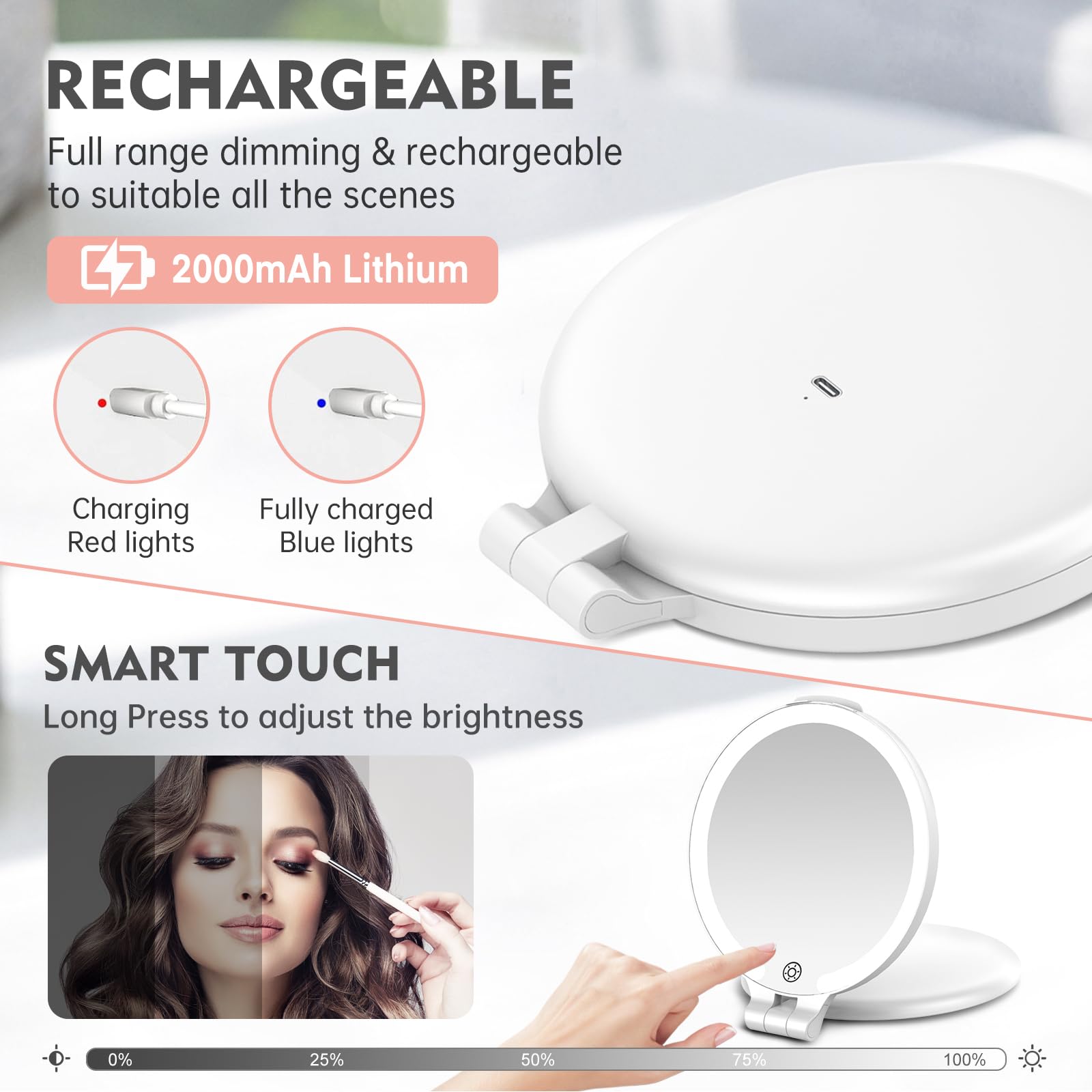 FUNTOUCH Espejo de aumento de viaje con luz, recargable 1X/10X, espejo de maquillaje de doble cara con luces, 3 modos de iluminación, plegable portátil esencial de viaje con bolsa