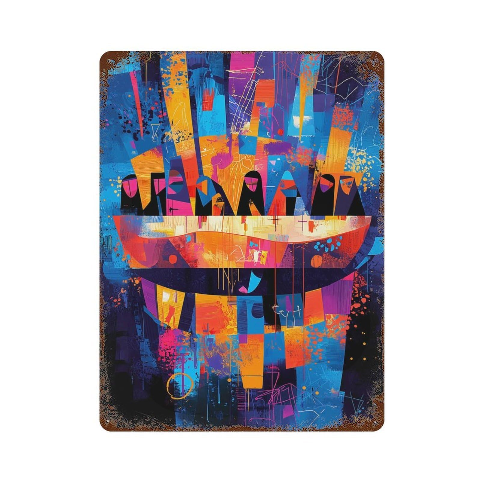 The Last Supper Reinterpreted – Abstract Geometric Expressionism 15.7"x11.8" Rust Effect Tin Sign, Rustic Home Decor for Office, Studio And Wall Decor