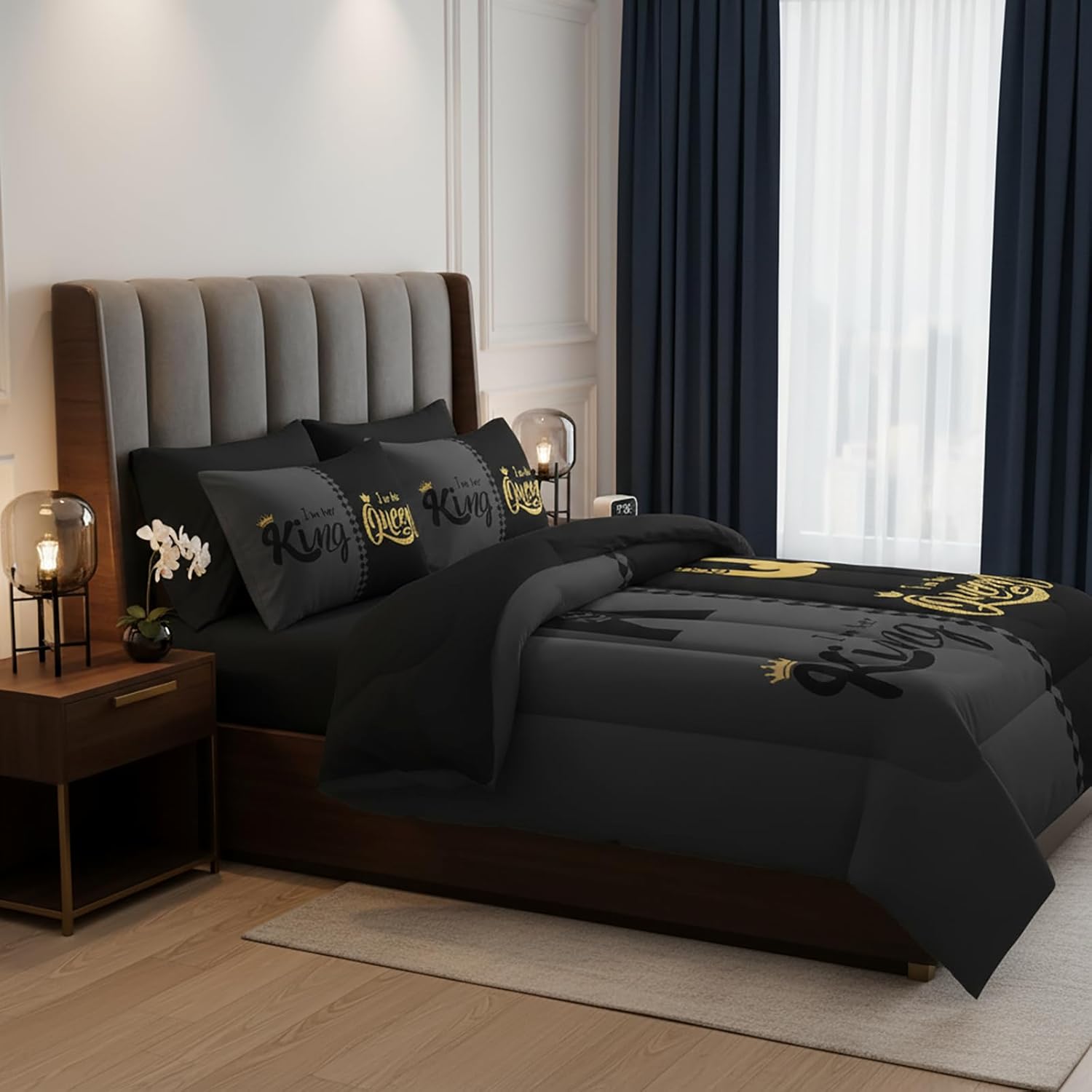 QOOMO Crown Queen and King 7 Pieces Comforter Set Full Size,Couple Bedding Set for Kids Teens Girls-Include 1 Comforter,1 Fitted Sheet,1 Flat Sheet,2 Printing Pillowcases and 2 Black Pillowcases