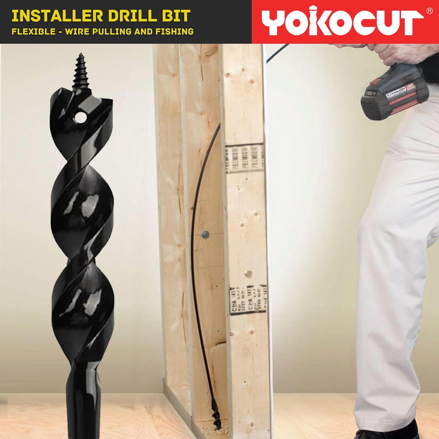 Flexible Installer Drill Bit 3/4 Inch x 36 Inch, Wire Pulling and Fishing, Auger Head Installer Drill Bit, Fish Bit for Pulling Wires in Walls Ceilings and Sidewalks, 1/4" 3-Flat Anti-Slip Shank