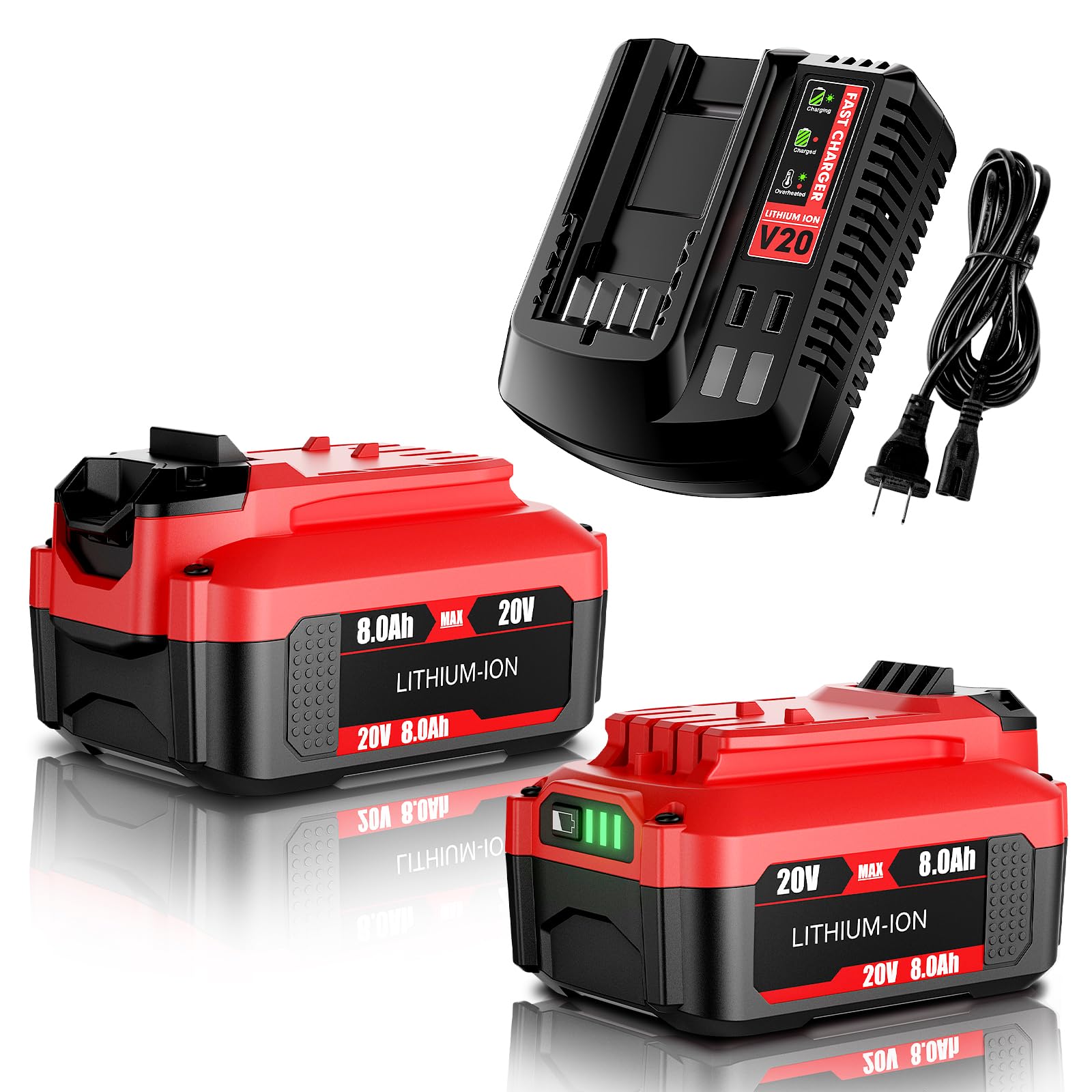 BATTOOL 2Pack 8.0Ah Replacement Craftsman 20V Battery and Charger Set for V20 Series CMCB202 CMCB204 CMCB205 CMCB206 CMCB201 CMCB100 CMCB124 Cordless Tools with CMCB104 Craftsman 20V Battery Charger
