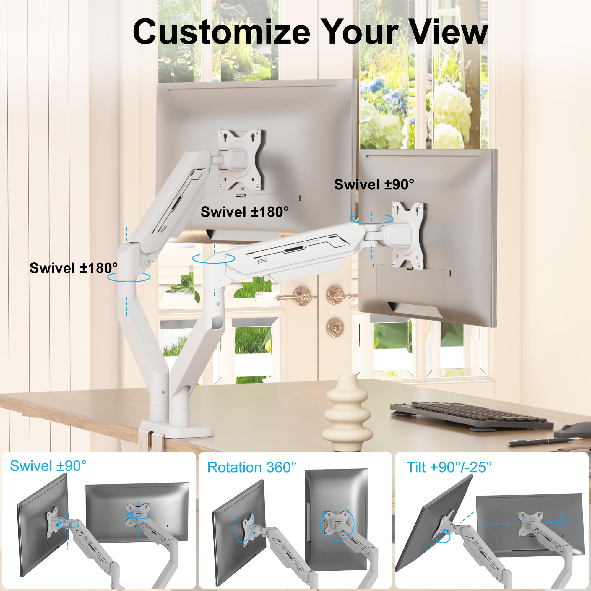 ETHU Bras de Moniteur simple-ET12K (Blanc, Deux écrans)