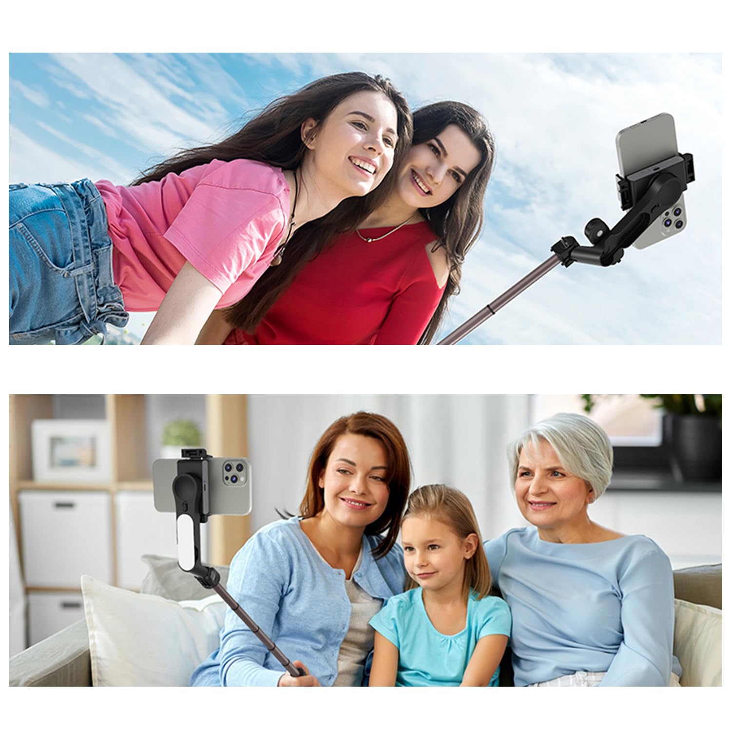 Stabilizzatore cardanico per smartphone, selfie stick per iPhone treppiede con luce di riempimento e telecomando wireless, giunto cardanico a 1 asse per fotocamera del telefono cellulare e