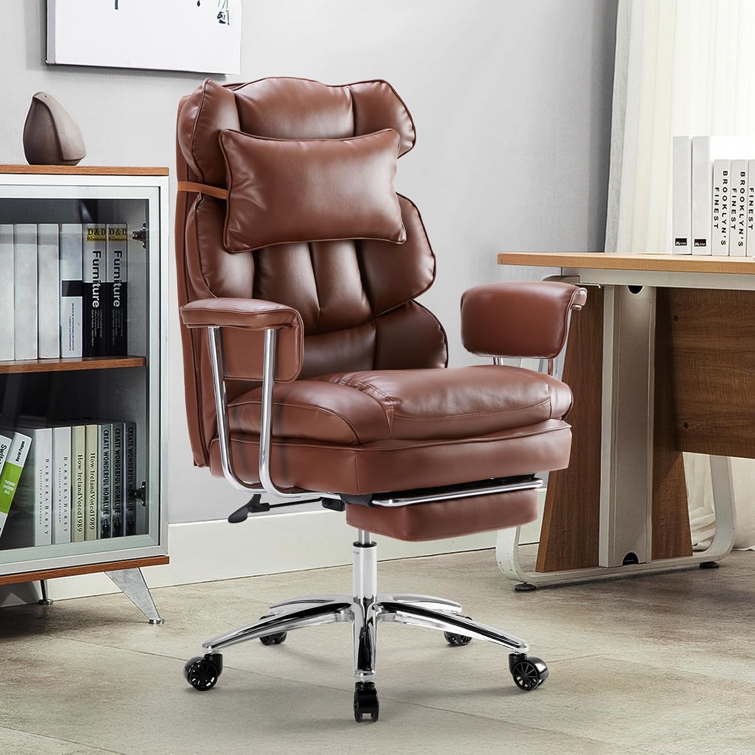 OLIXIS Home Office Desk Chair Comfy with Foot Rest, PU Leather Ergonomic Big and Tall High Back Support, 360° Swivel Wheels, Armrests and Detachable Pillow, Height Adjustable, Brown