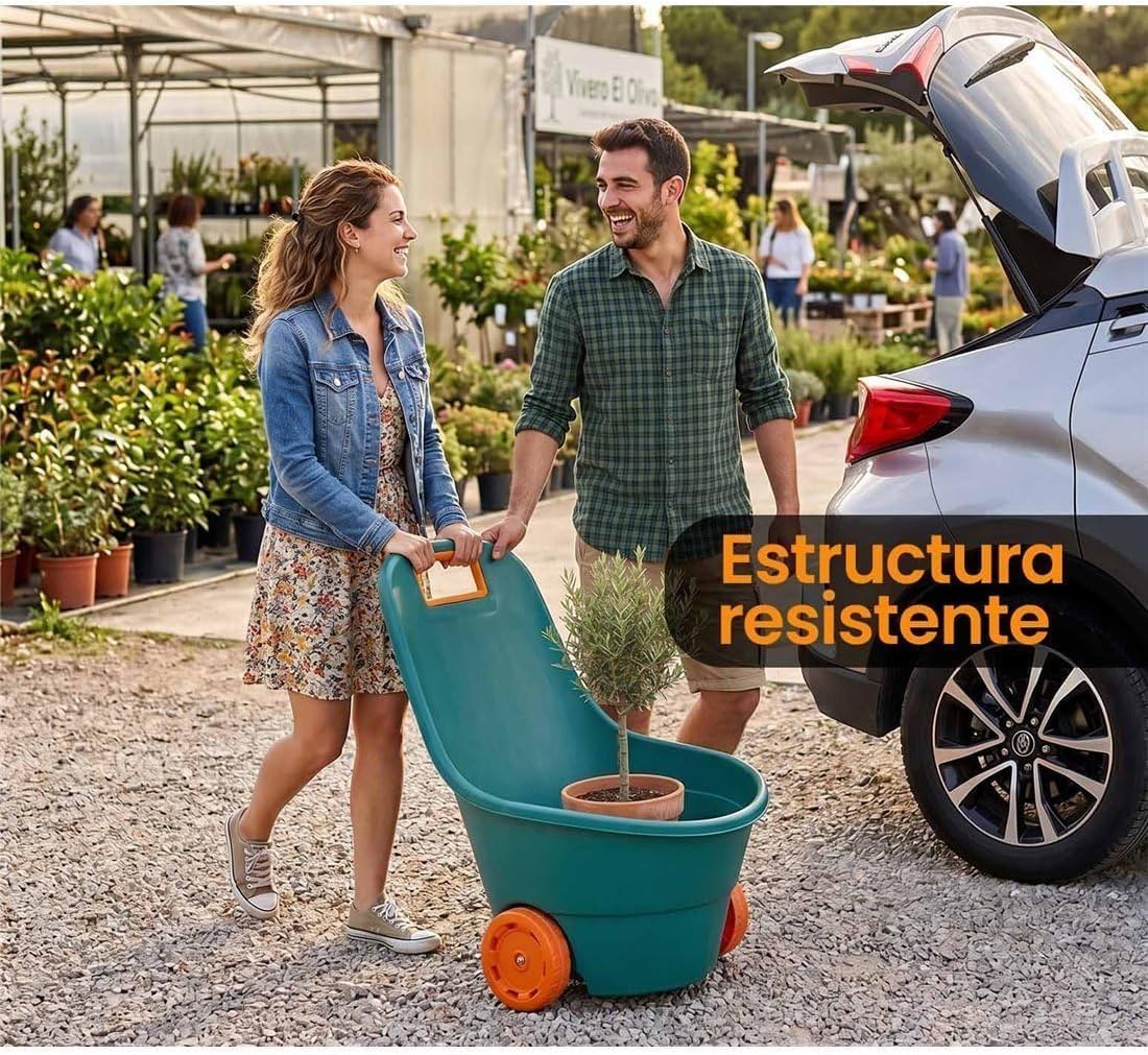 Carro de Jardín con Ruedas, Verde y Naranja, Polipropileno, 68 litros, Todo Terreno, Ergonómico, 84x49x46 cm TB Thayba