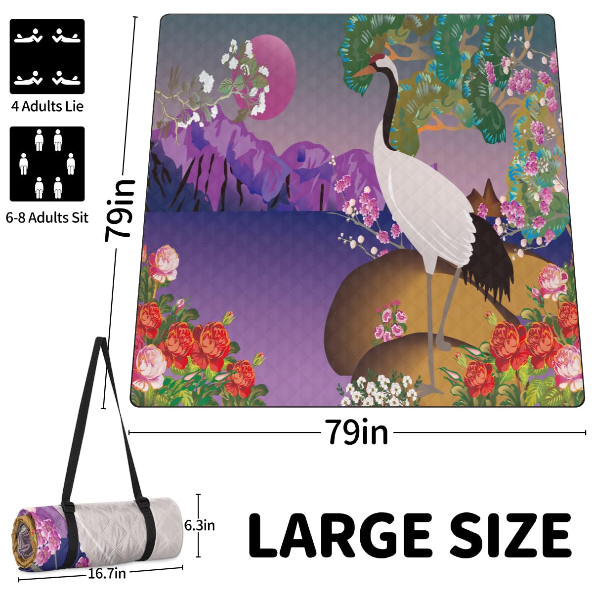 Shimoshe Extra Large Picnic Blankets 79”x 79”, Crane Floral Flower Waterproof Foldable Picnic Mat with Straps Portable Beach Blanket for Camping Park Grass Beach Indoor